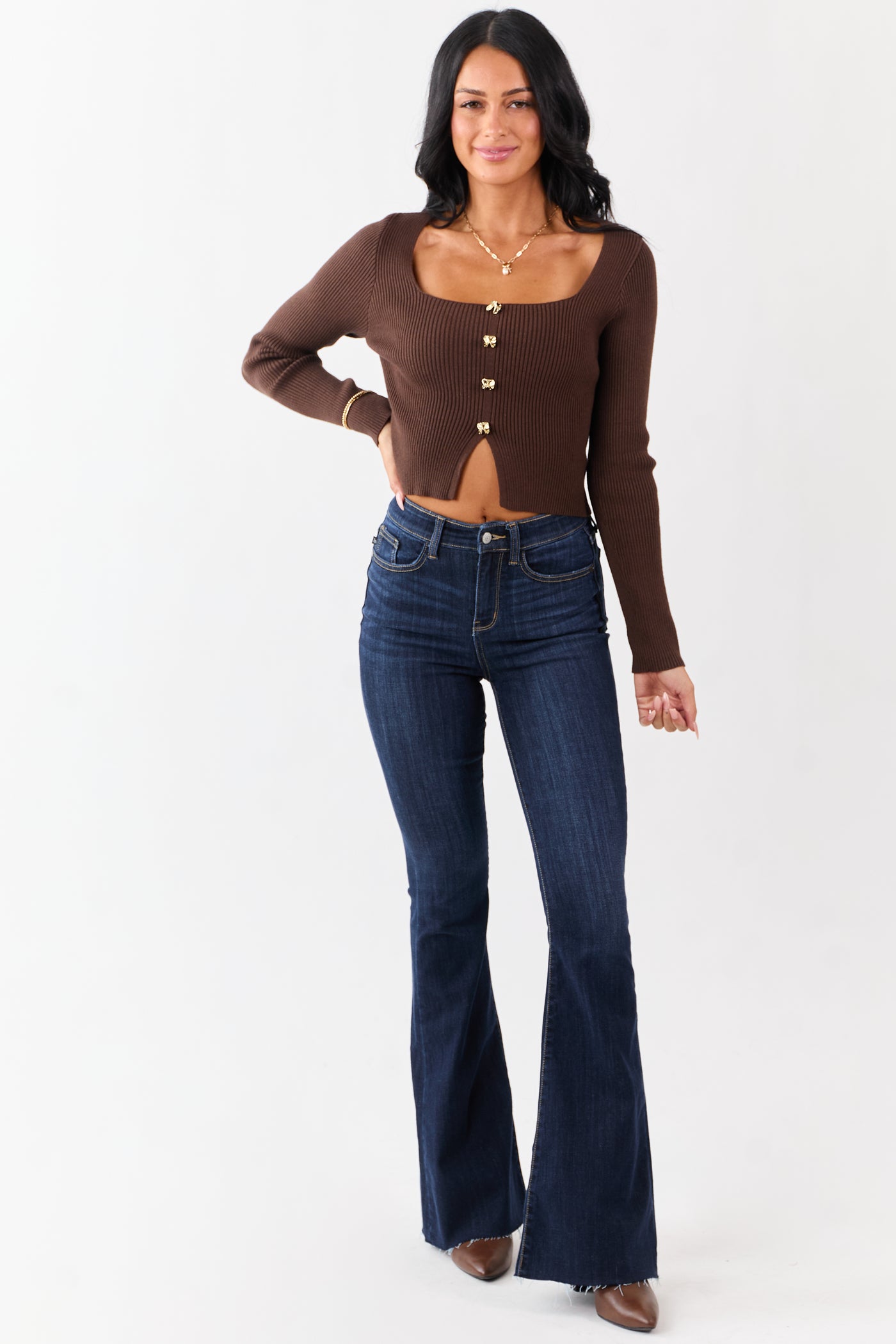 Cocoa Square Neck Faux Button Front Sweater Top