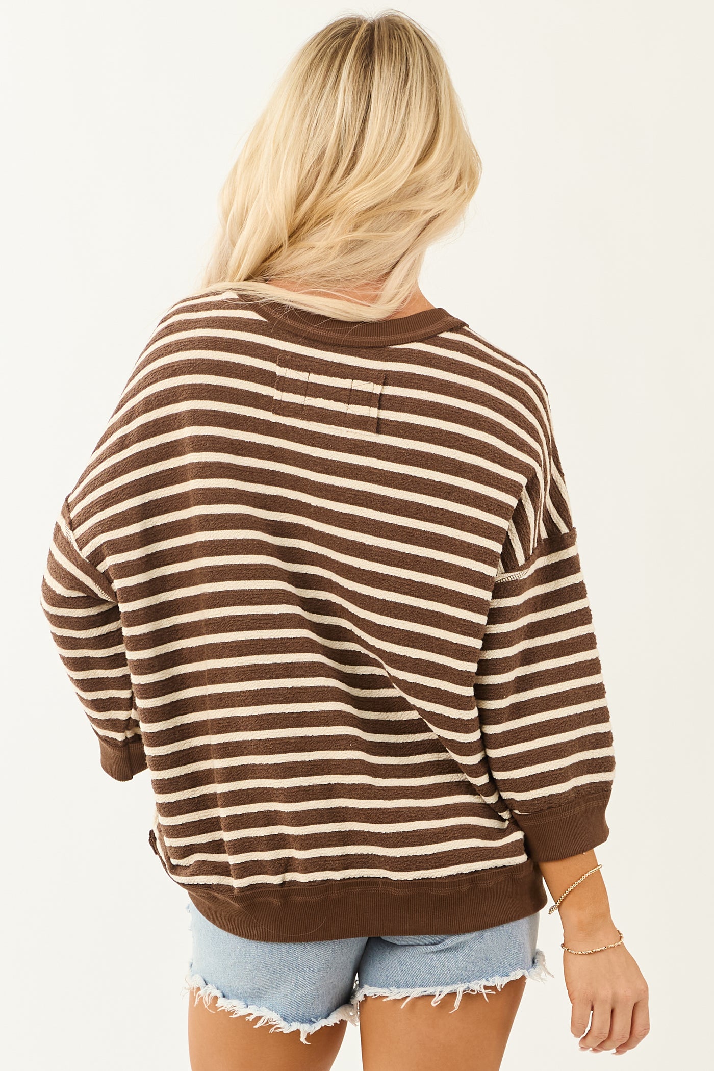 Cocoa Striped 3/4 Sleeve Cotton Relaxed Sweater Top