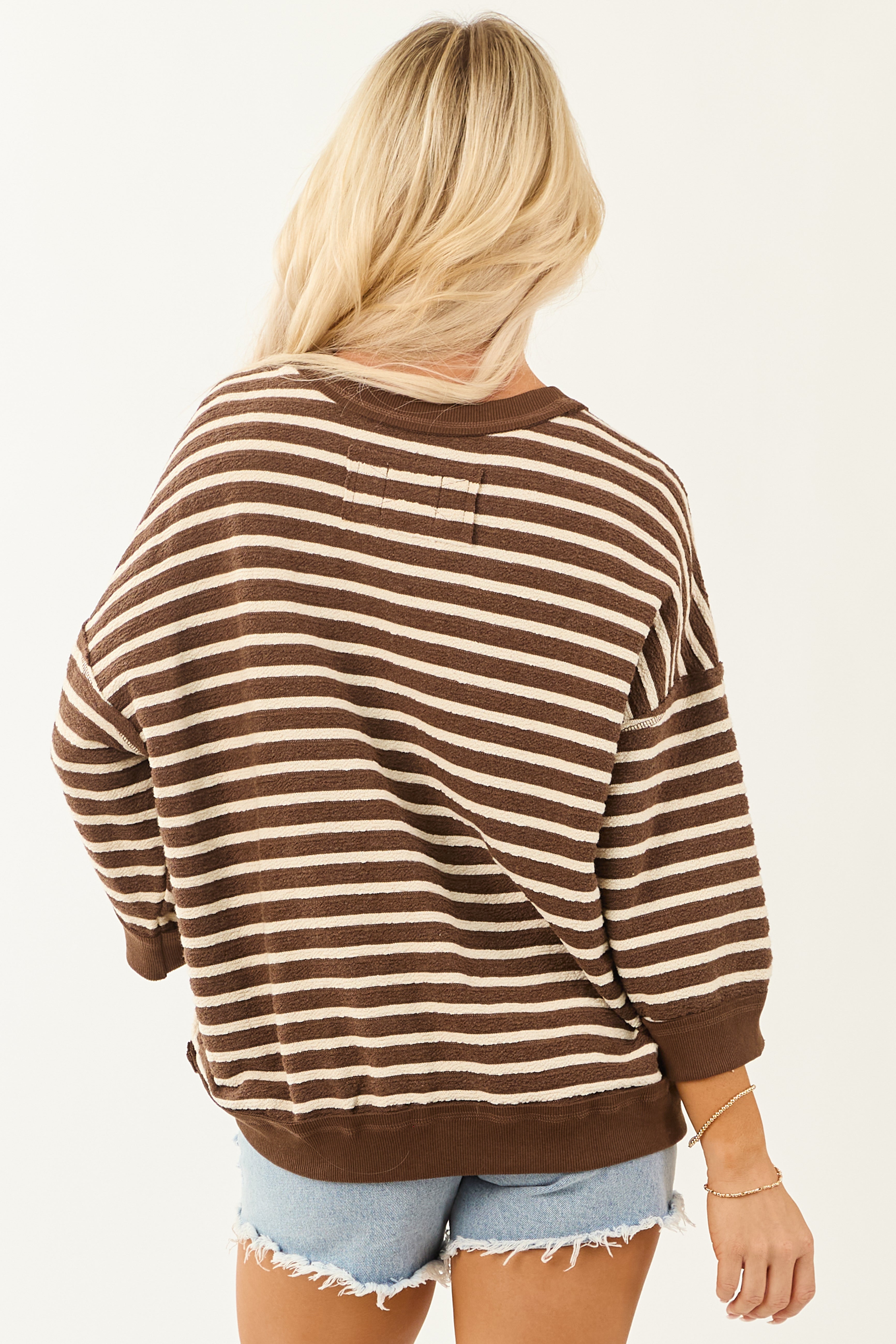 Cocoa Striped 3/4 Sleeve Cotton Relaxed Sweater Top
