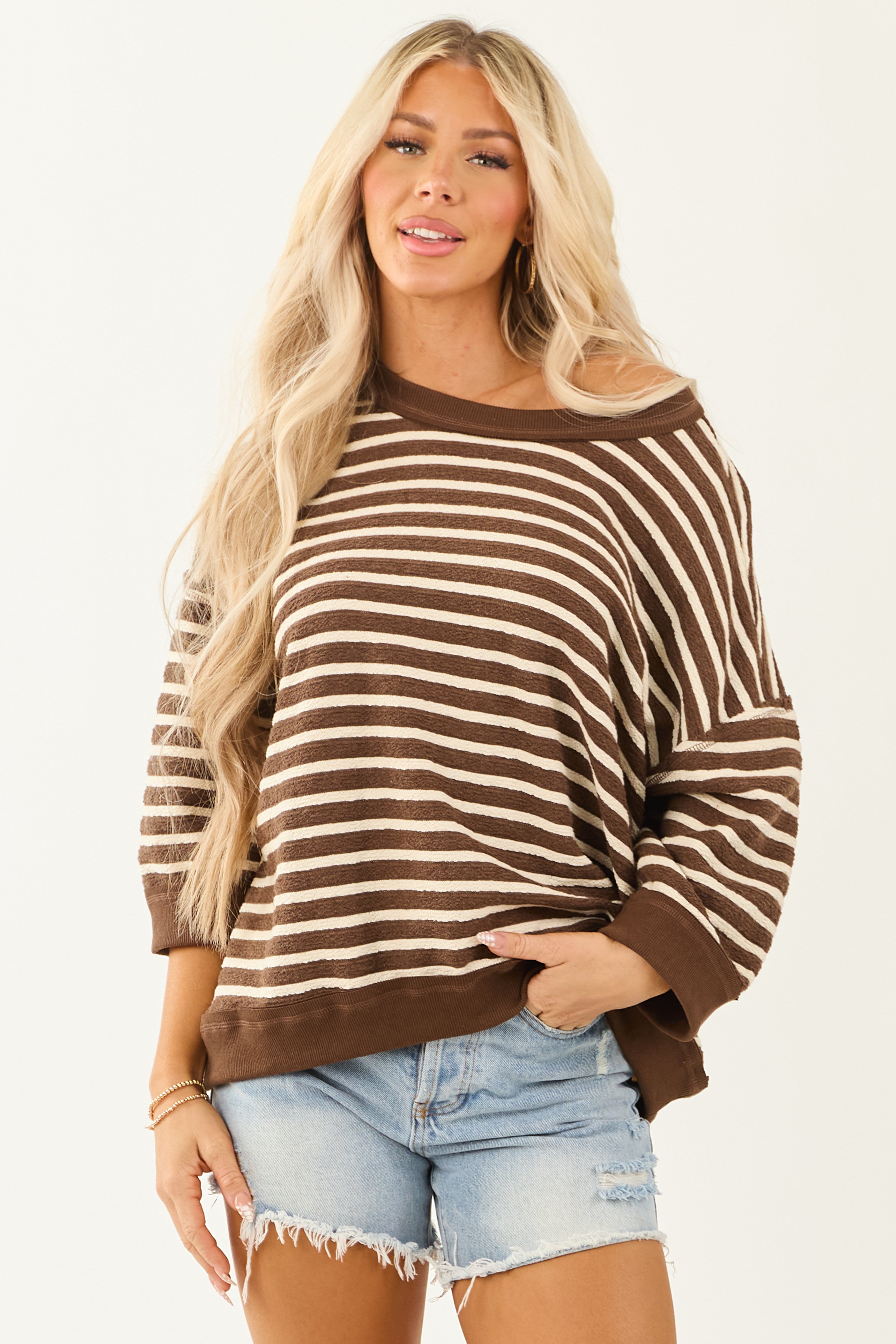 Cocoa Striped 3/4 Sleeve Cotton Relaxed Sweater Top