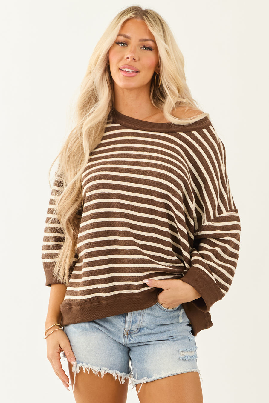 Cocoa Striped 3/4 Sleeve Cotton Relaxed Sweater Top
