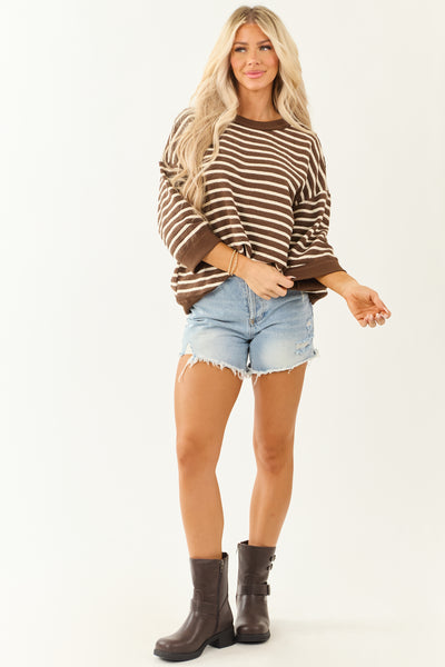 Cocoa Striped 3/4 Sleeve Cotton Relaxed Sweater Top