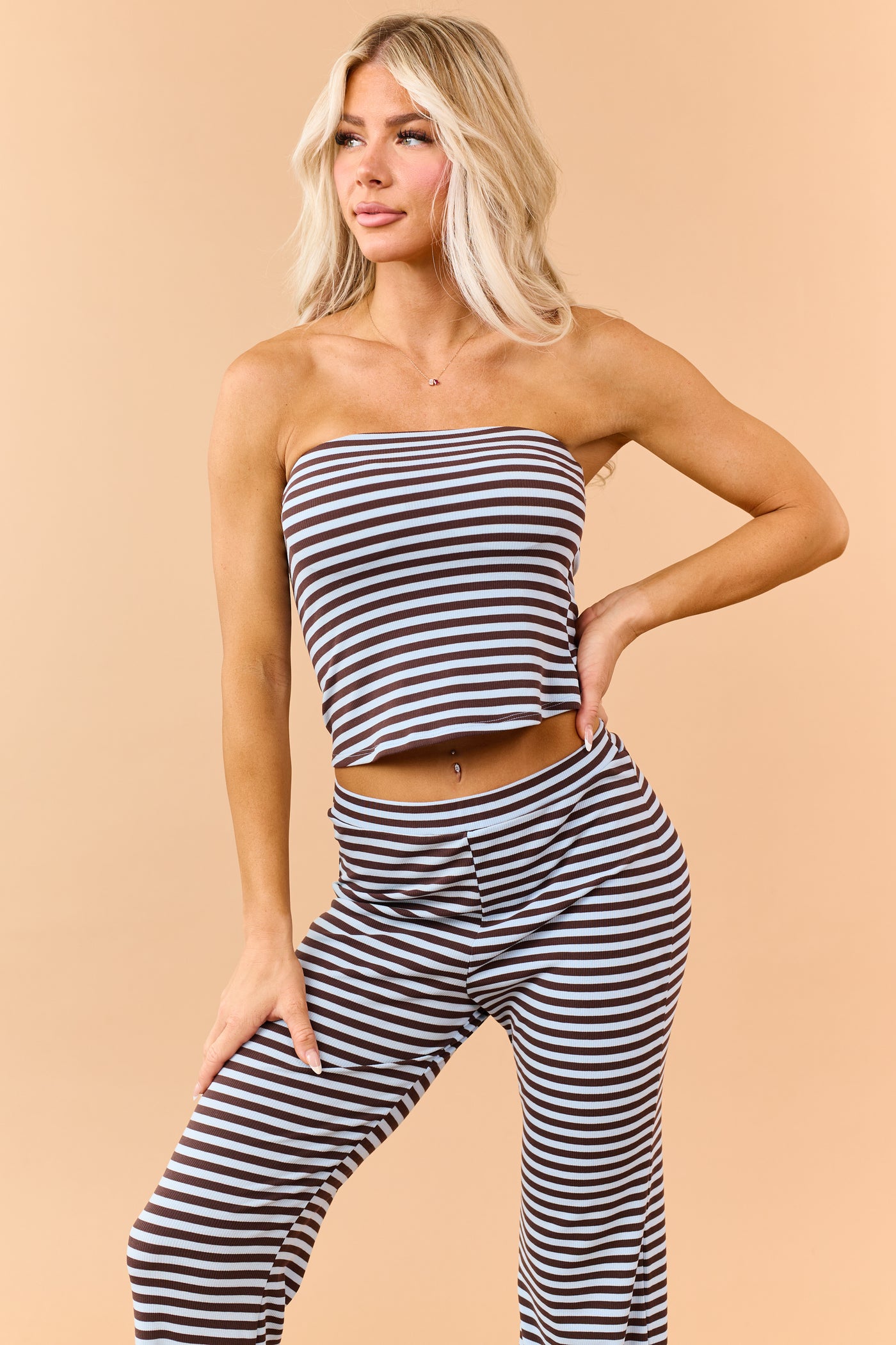 Cocoa Striped Strapless Top and Knit Pants Set