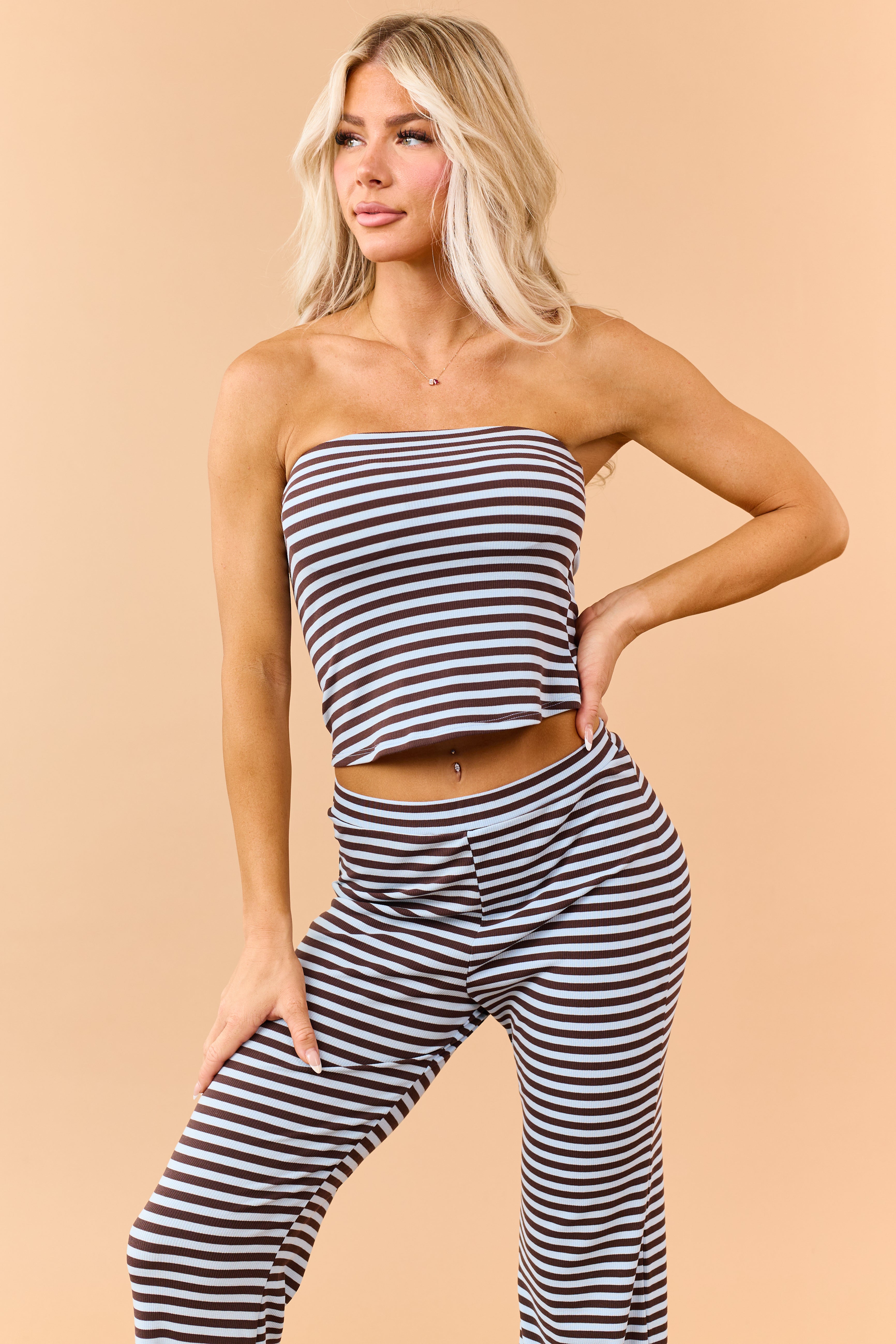 Cocoa Striped Strapless Top and Knit Pants Set