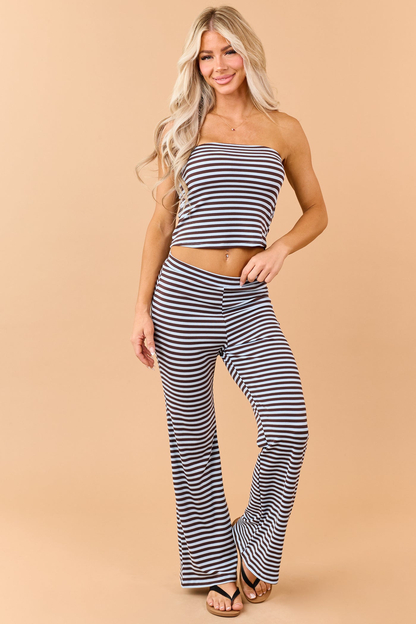 Cocoa Striped Strapless Top and Knit Pants Set