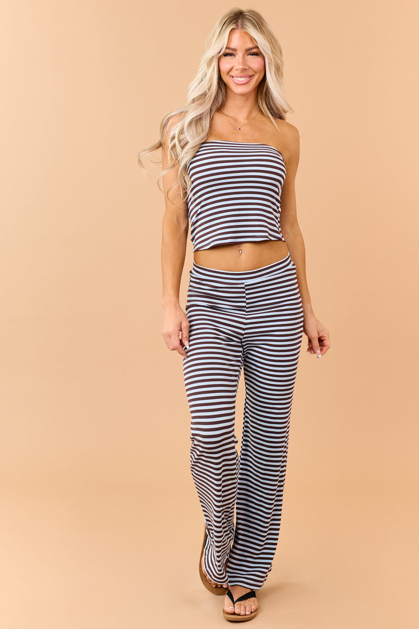 Cocoa Striped Strapless Top and Knit Pants Set