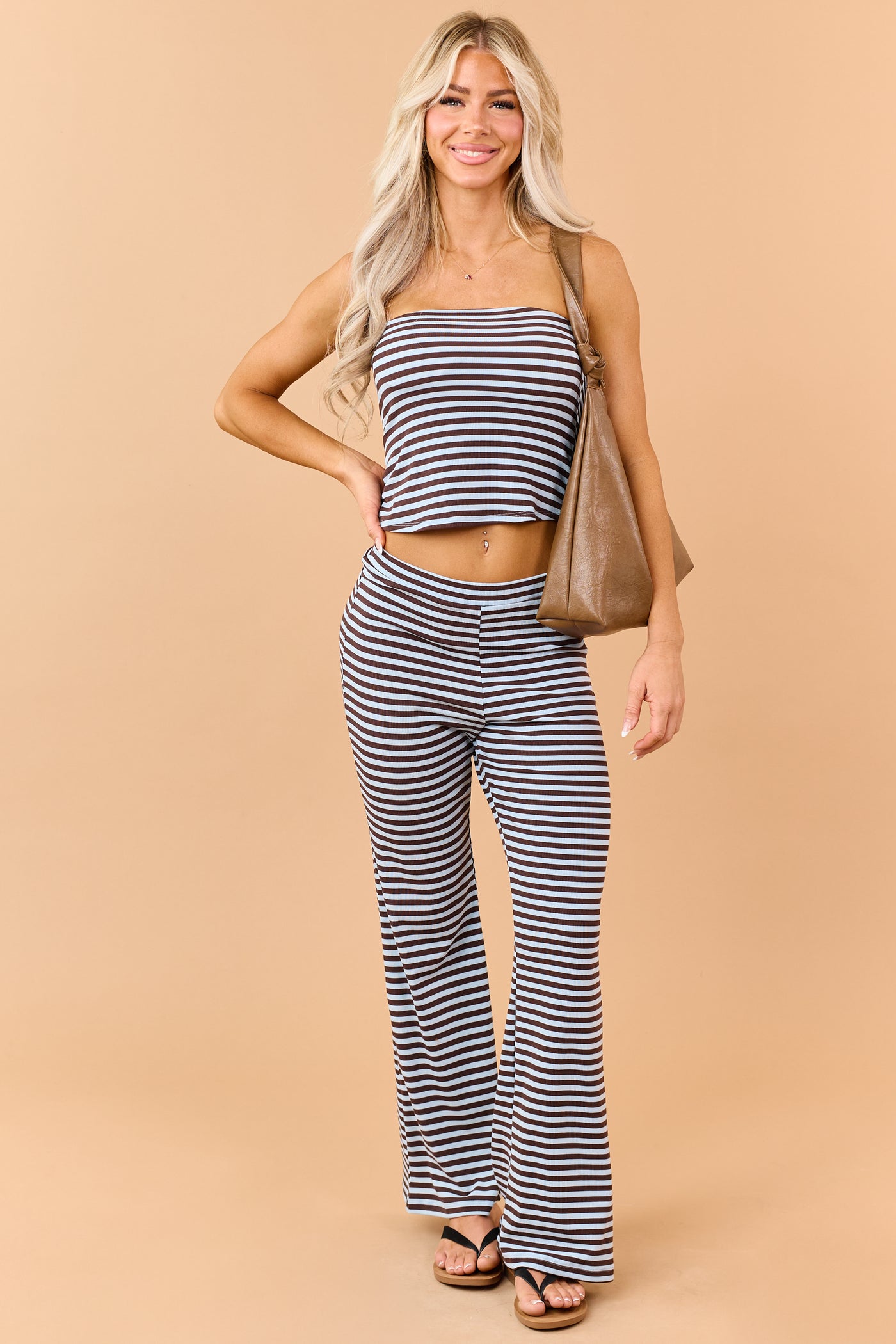 Cocoa Striped Strapless Top and Knit Pants Set
