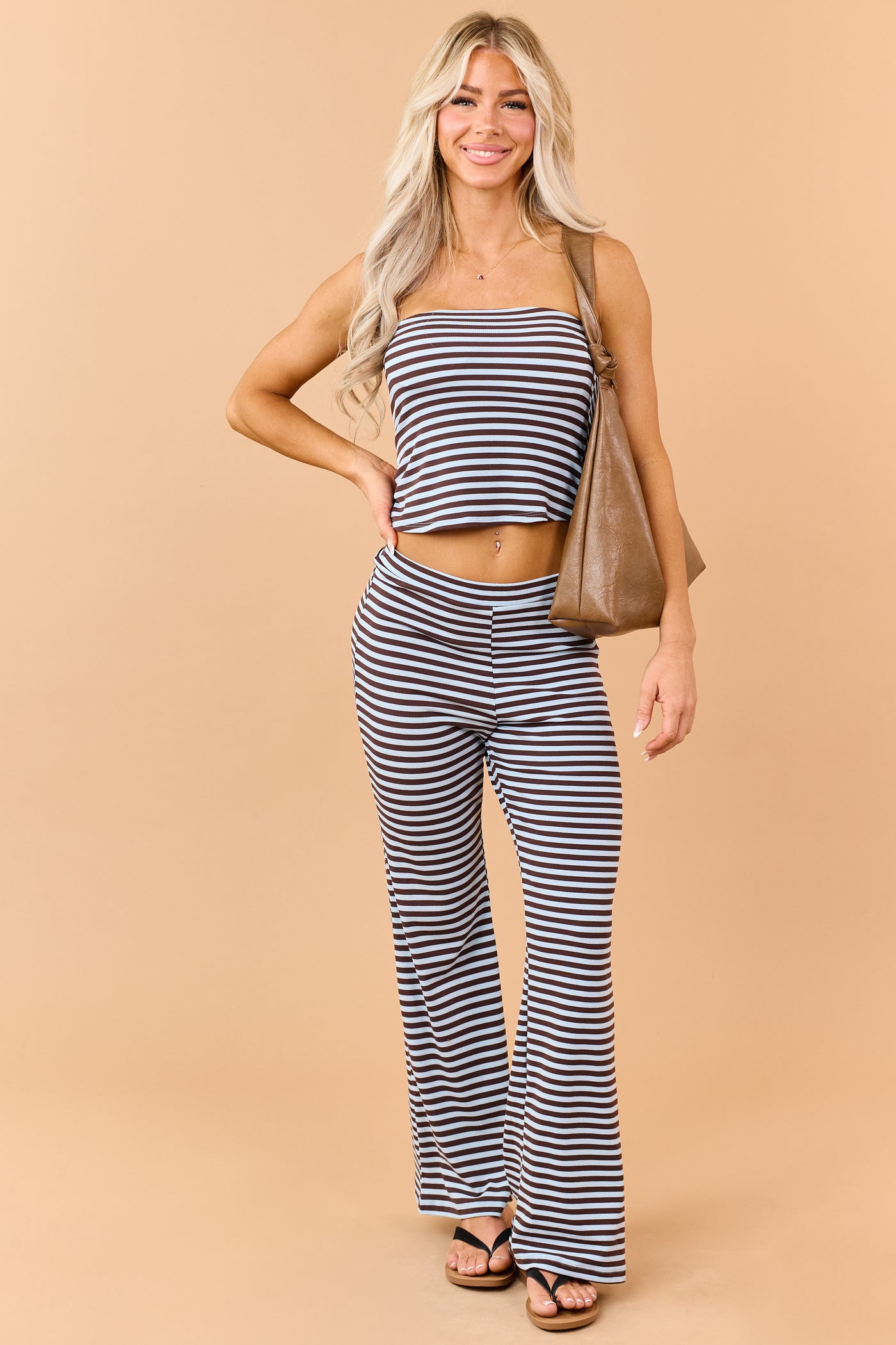 Cocoa Striped Strapless Top and Knit Pants Set