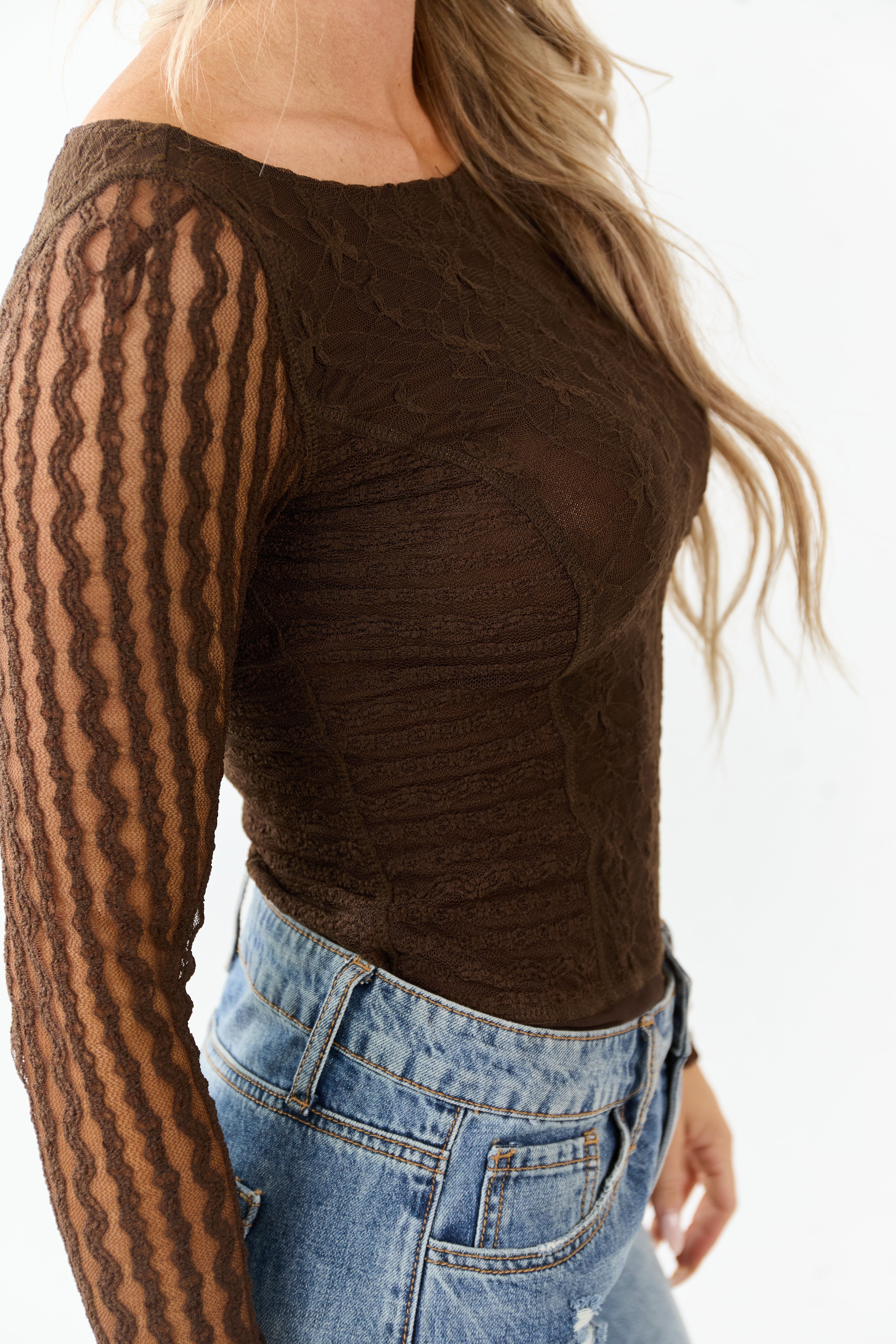 Cocoa Textured Lace Long Sleeve Mesh Bodysuit