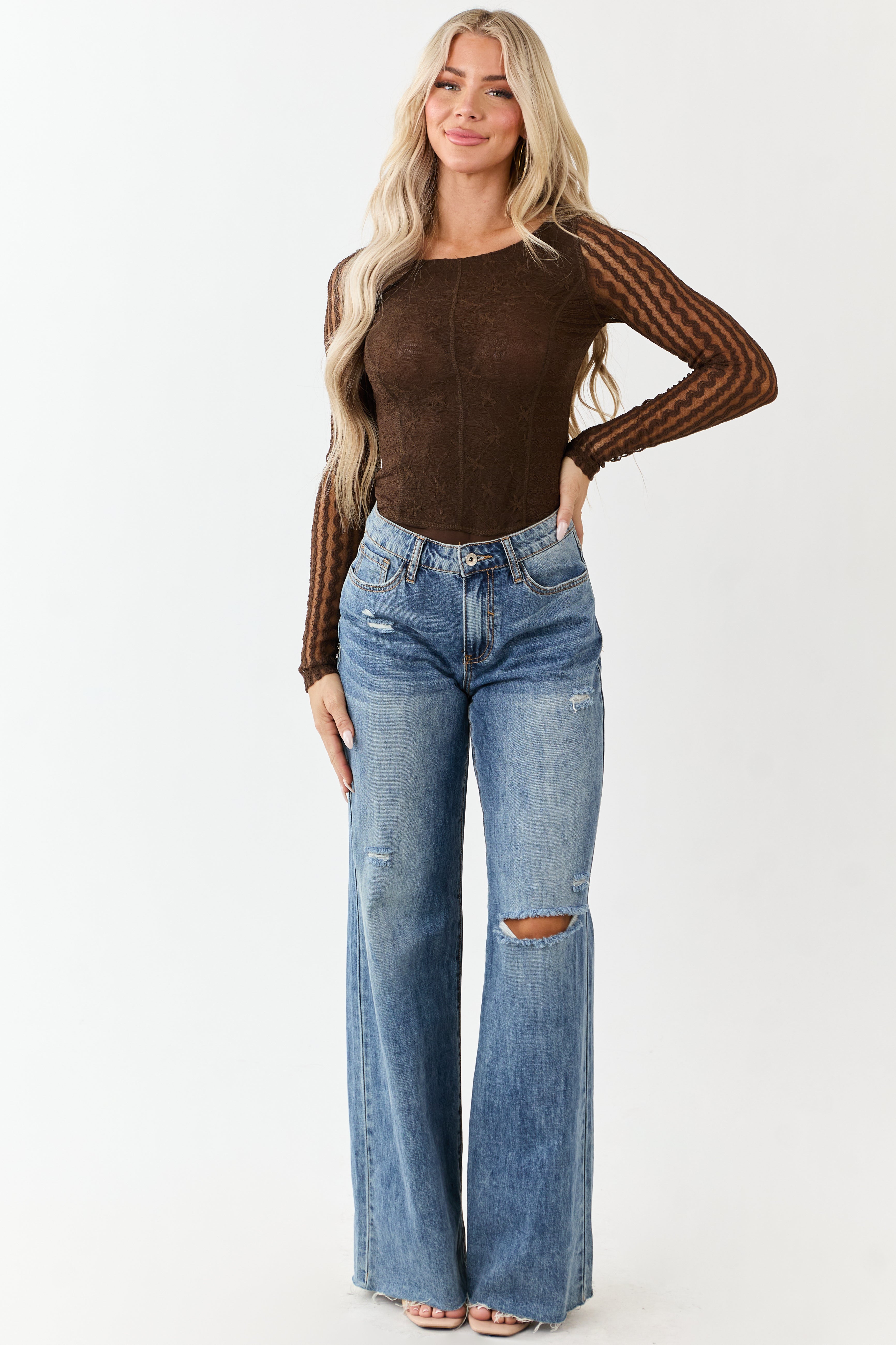 Cocoa Textured Lace Long Sleeve Mesh Bodysuit