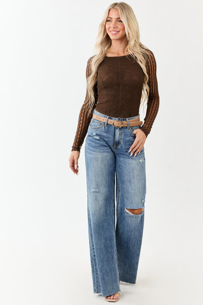 Cocoa Textured Lace Long Sleeve Mesh Bodysuit
