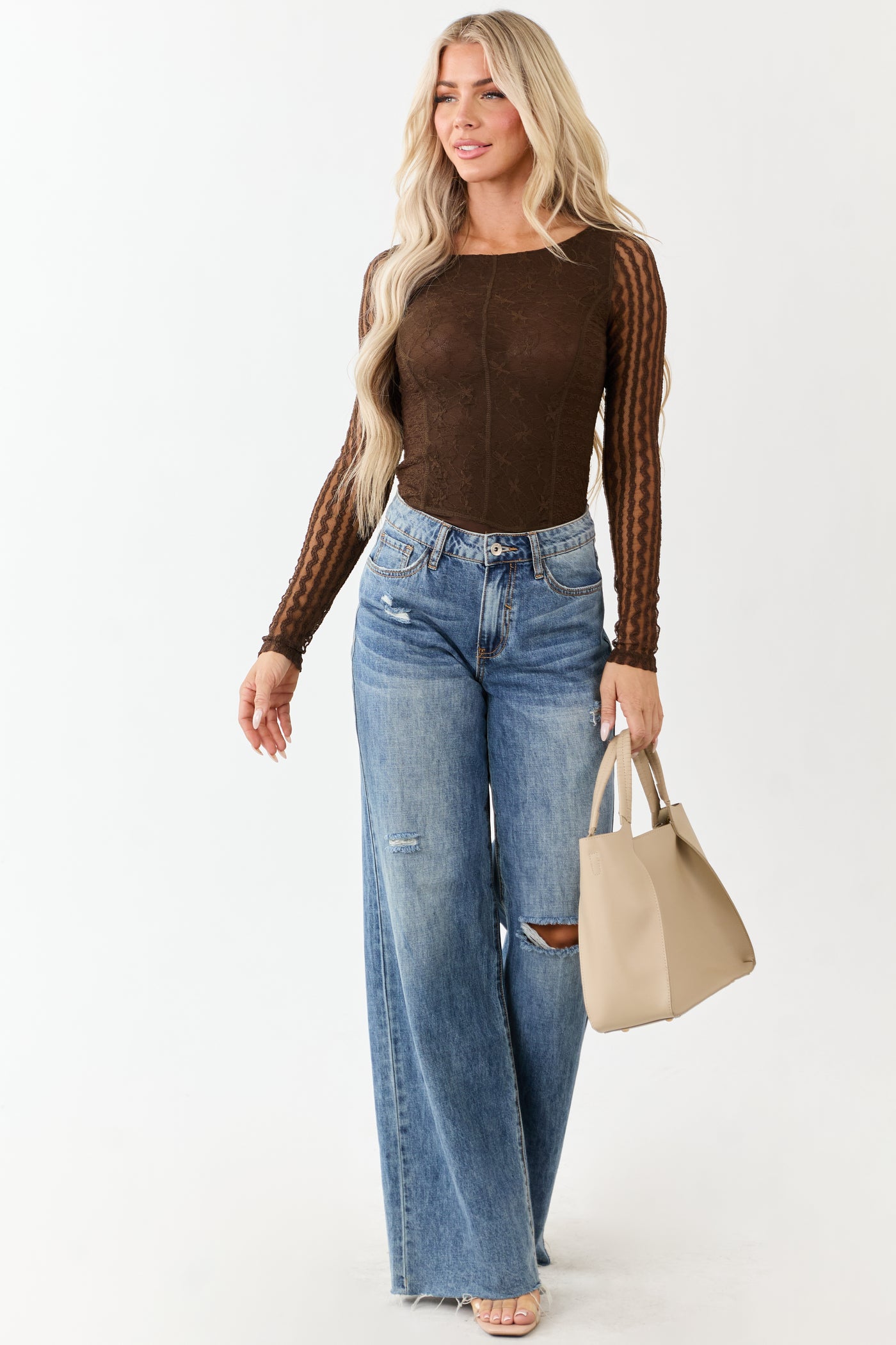 Cocoa Textured Lace Long Sleeve Mesh Bodysuit