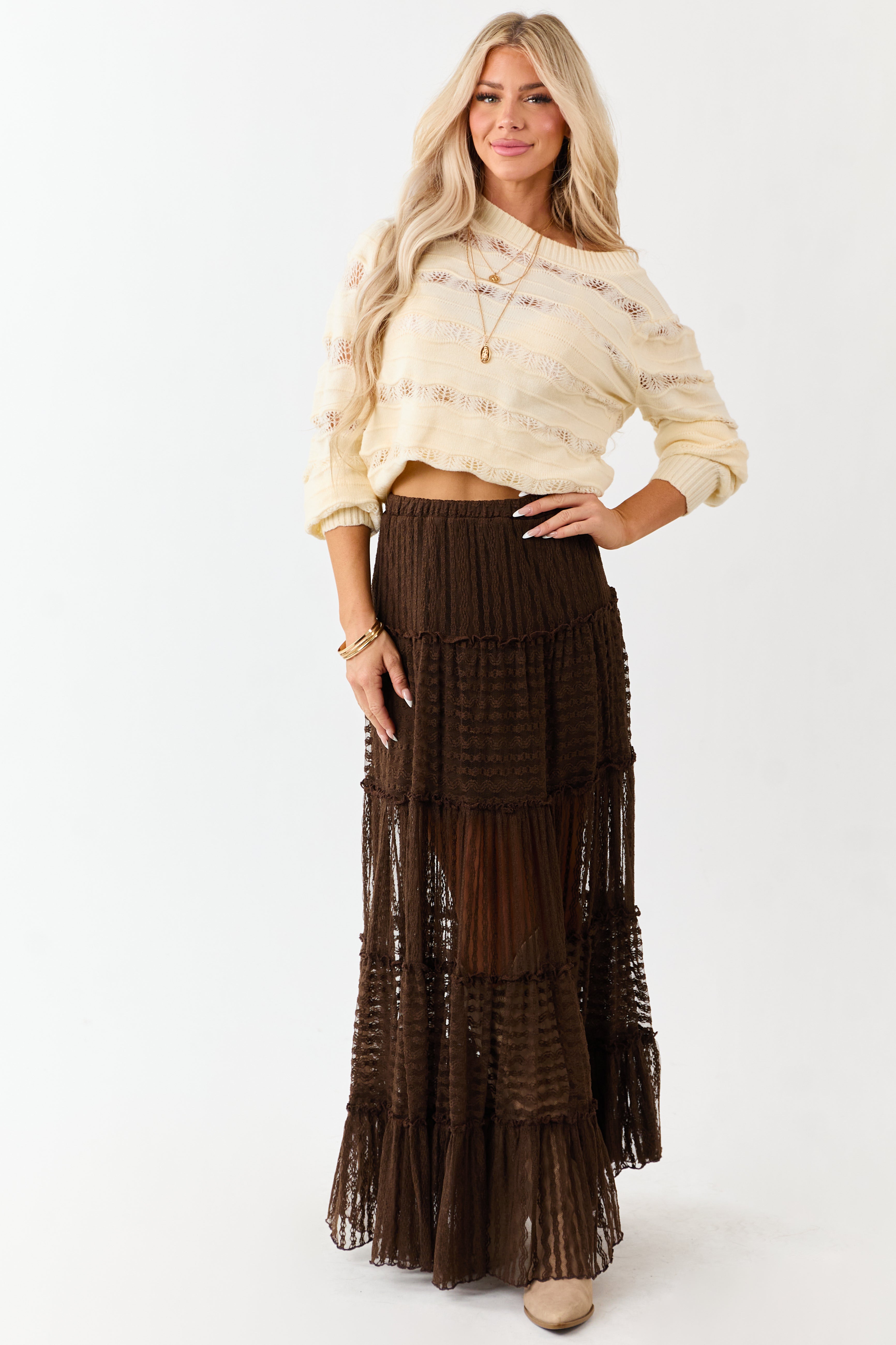 Cocoa Tiered Frill Lace Flowy Maxi Skirt | Lime Lush Boutique