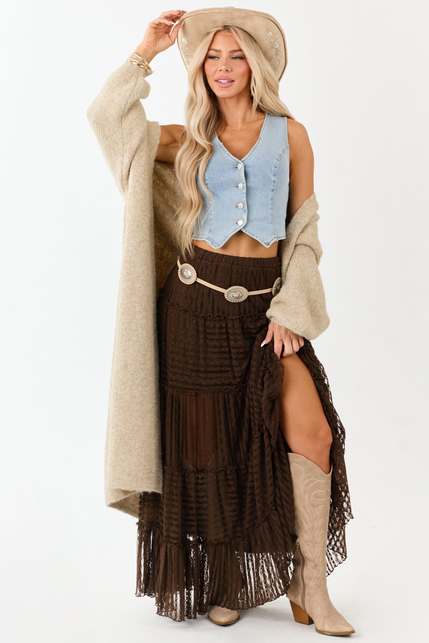 Cocoa Tiered Frill Lace Flowy Maxi Skirt