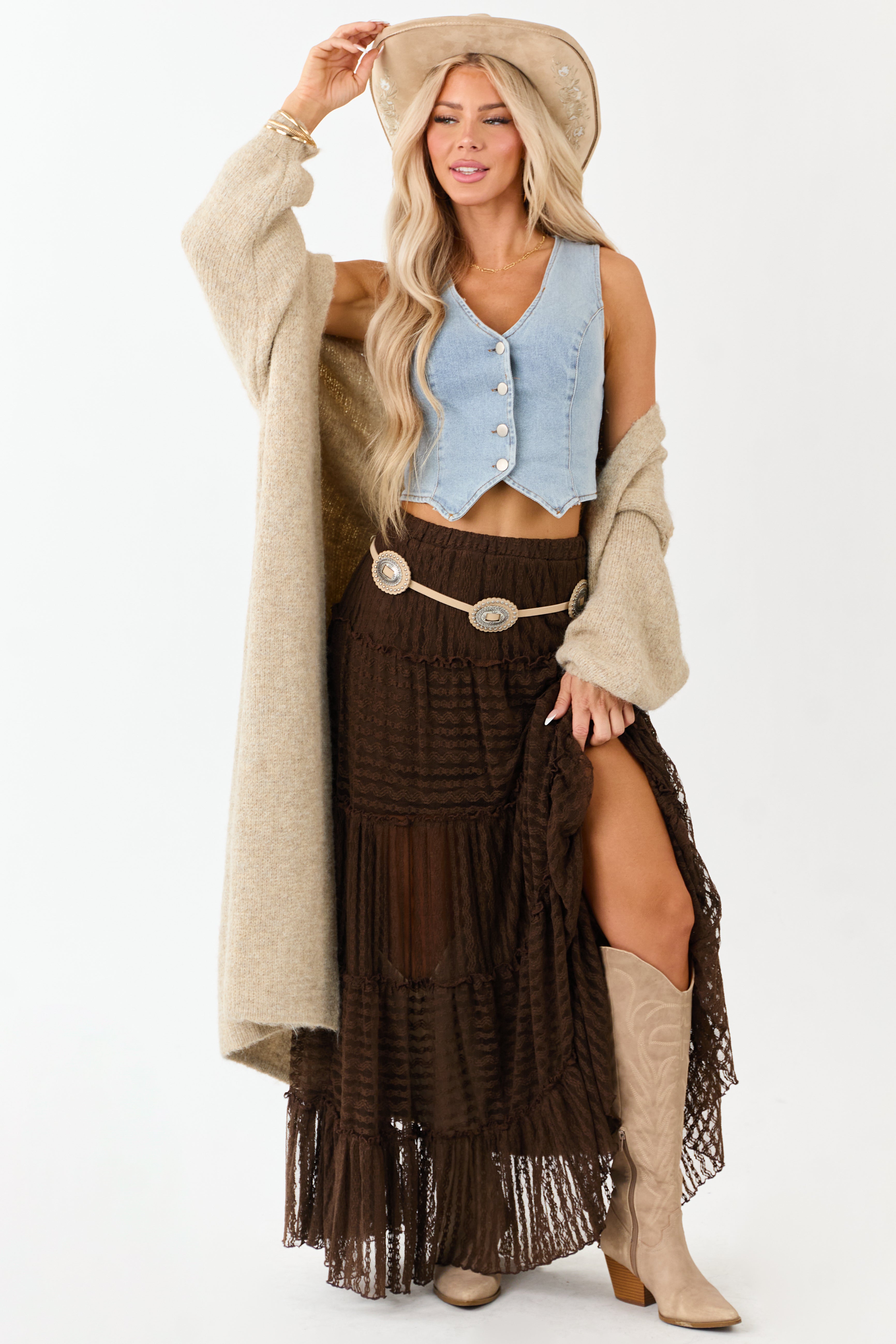 Cocoa Tiered Frill Lace Flowy Maxi Skirt