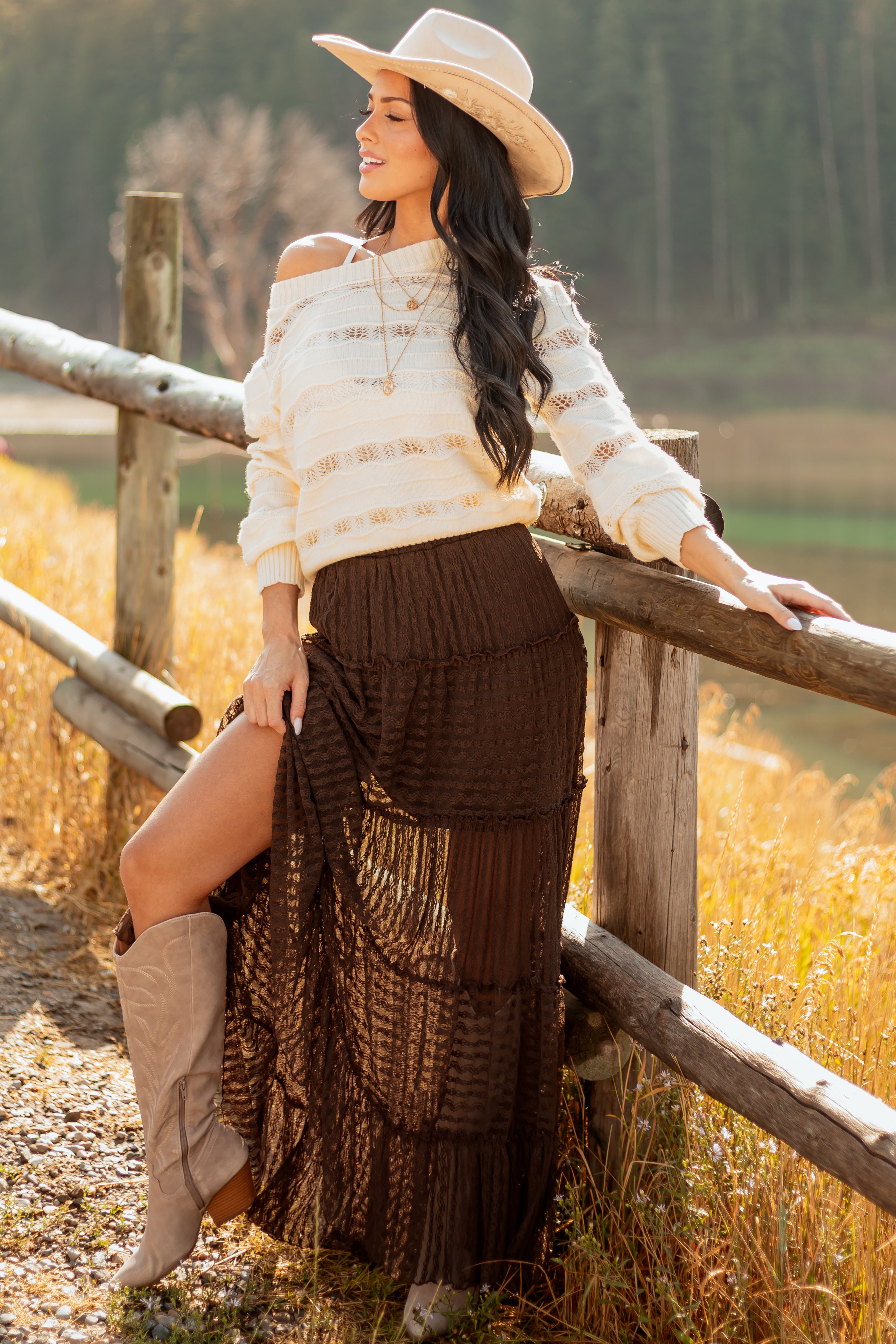Cocoa Tiered Frill Lace Flowy Maxi Skirt