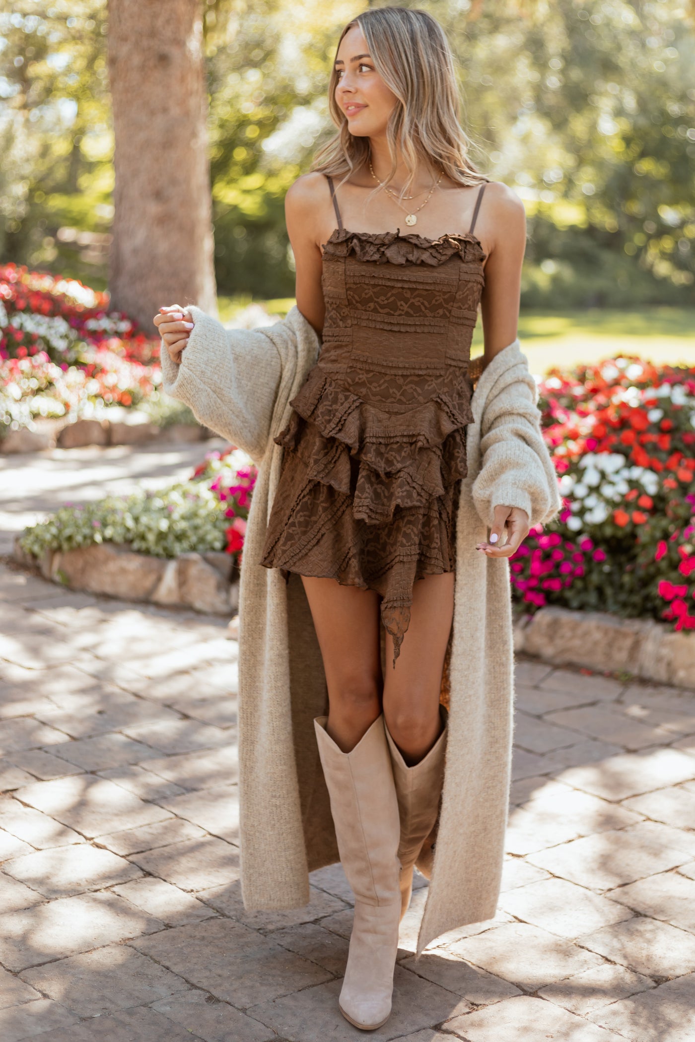 Cocoa Tiered Lace Tie Strap Ruffled Mini Dress