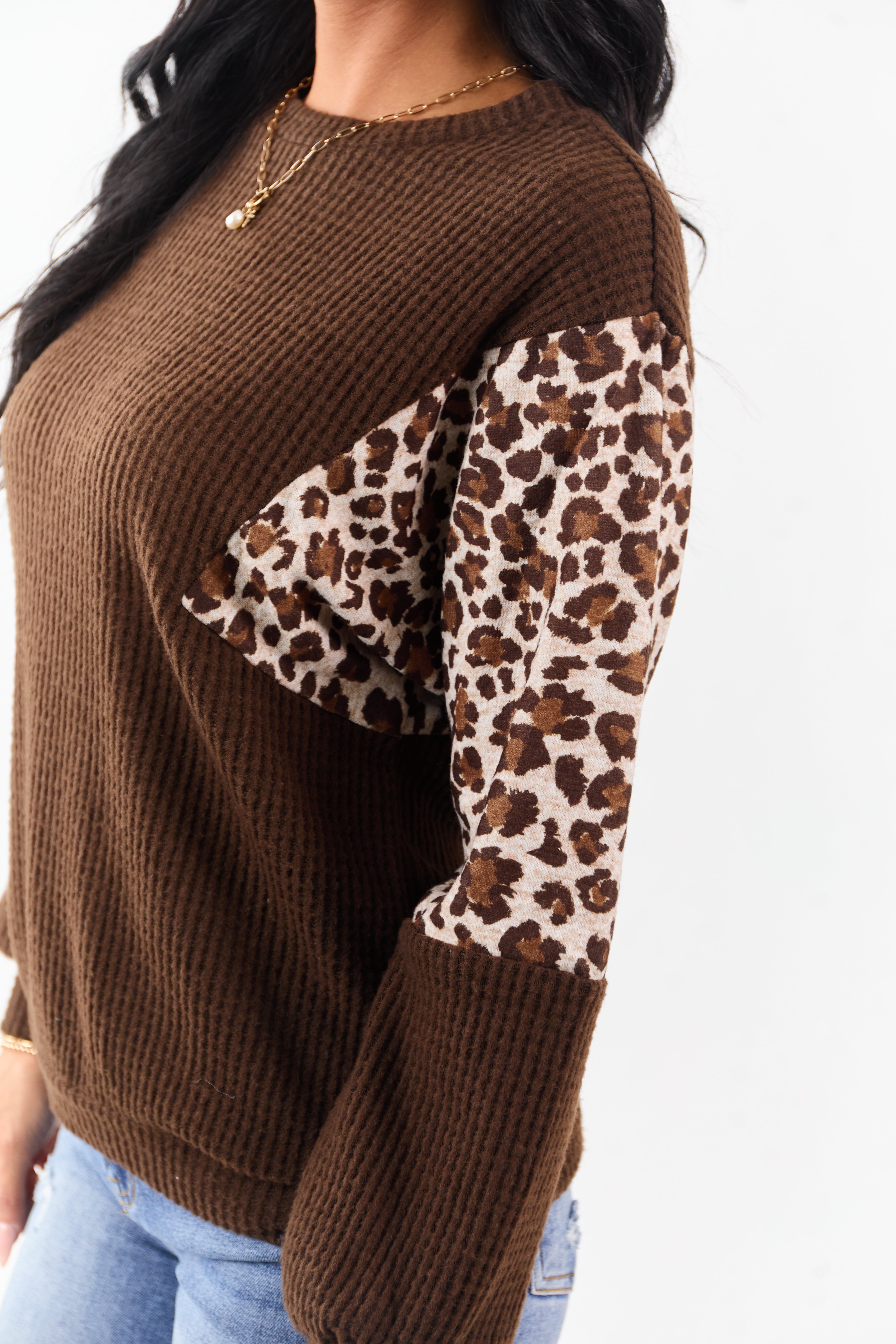 Cocoa Waffle Knit Contrast Leopard Print Sweater