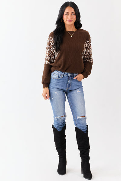 Cocoa Waffle Knit Contrast Leopard Print Sweater