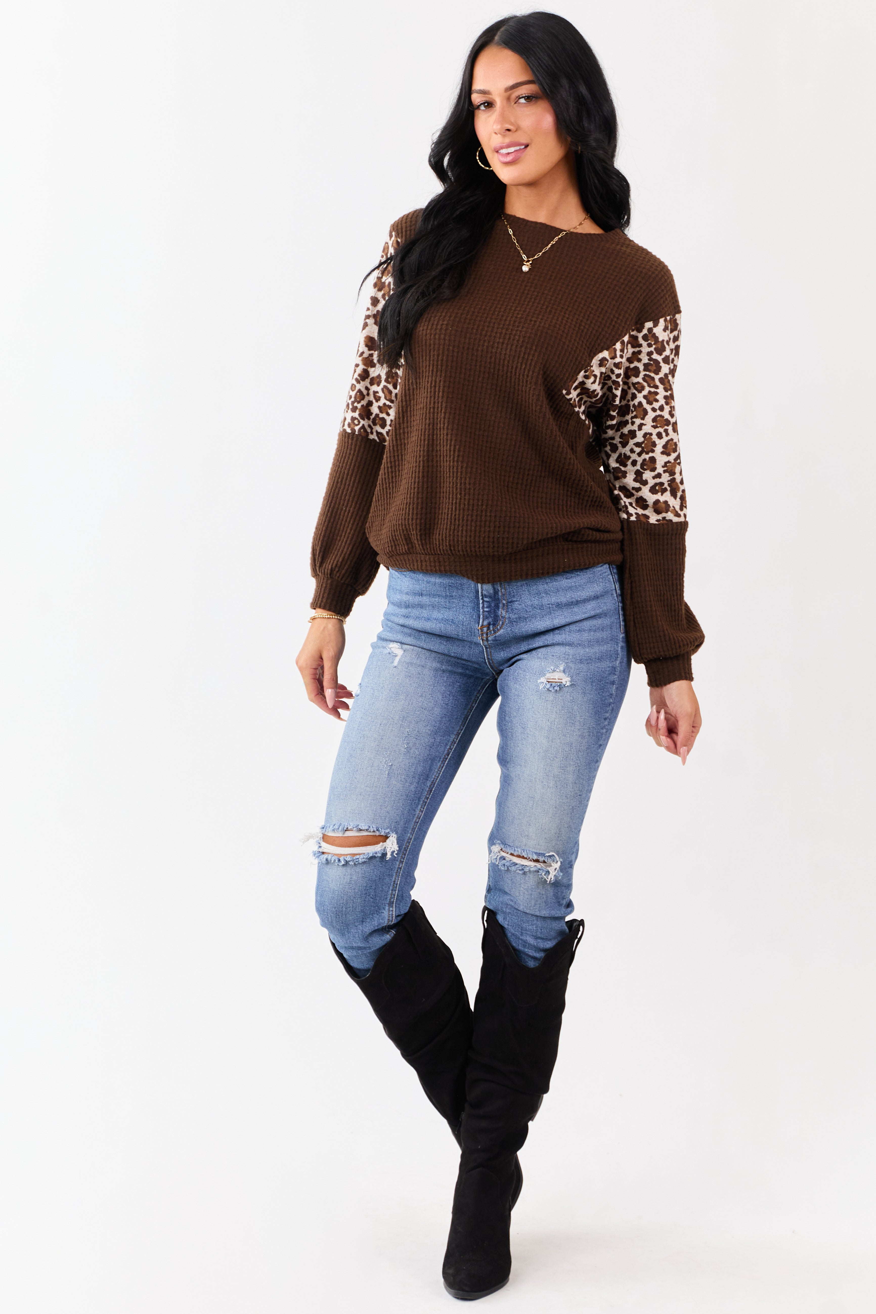 Cocoa Waffle Knit Contrast Leopard Print Sweater