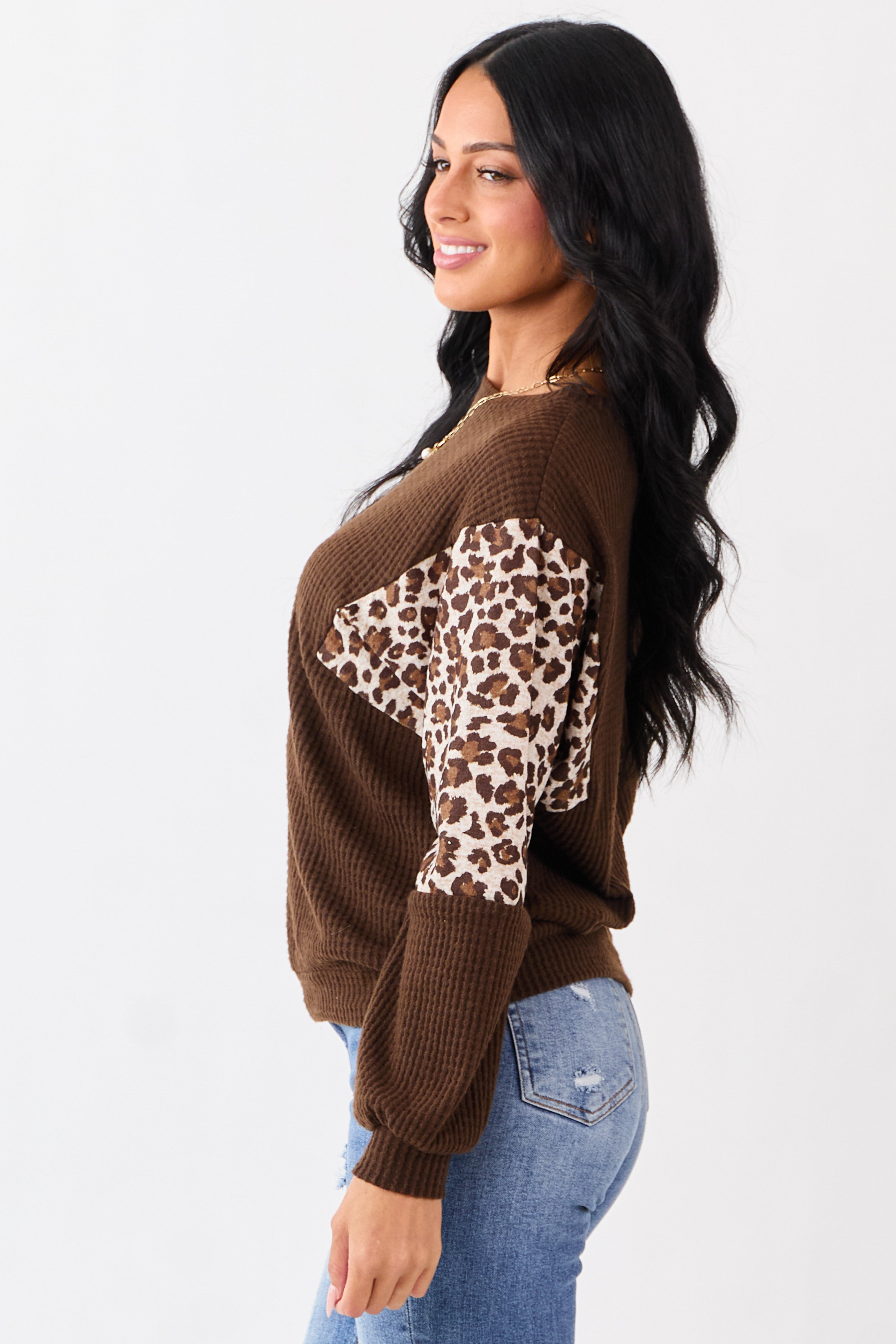 Cocoa Waffle Knit Contrast Leopard Print Sweater