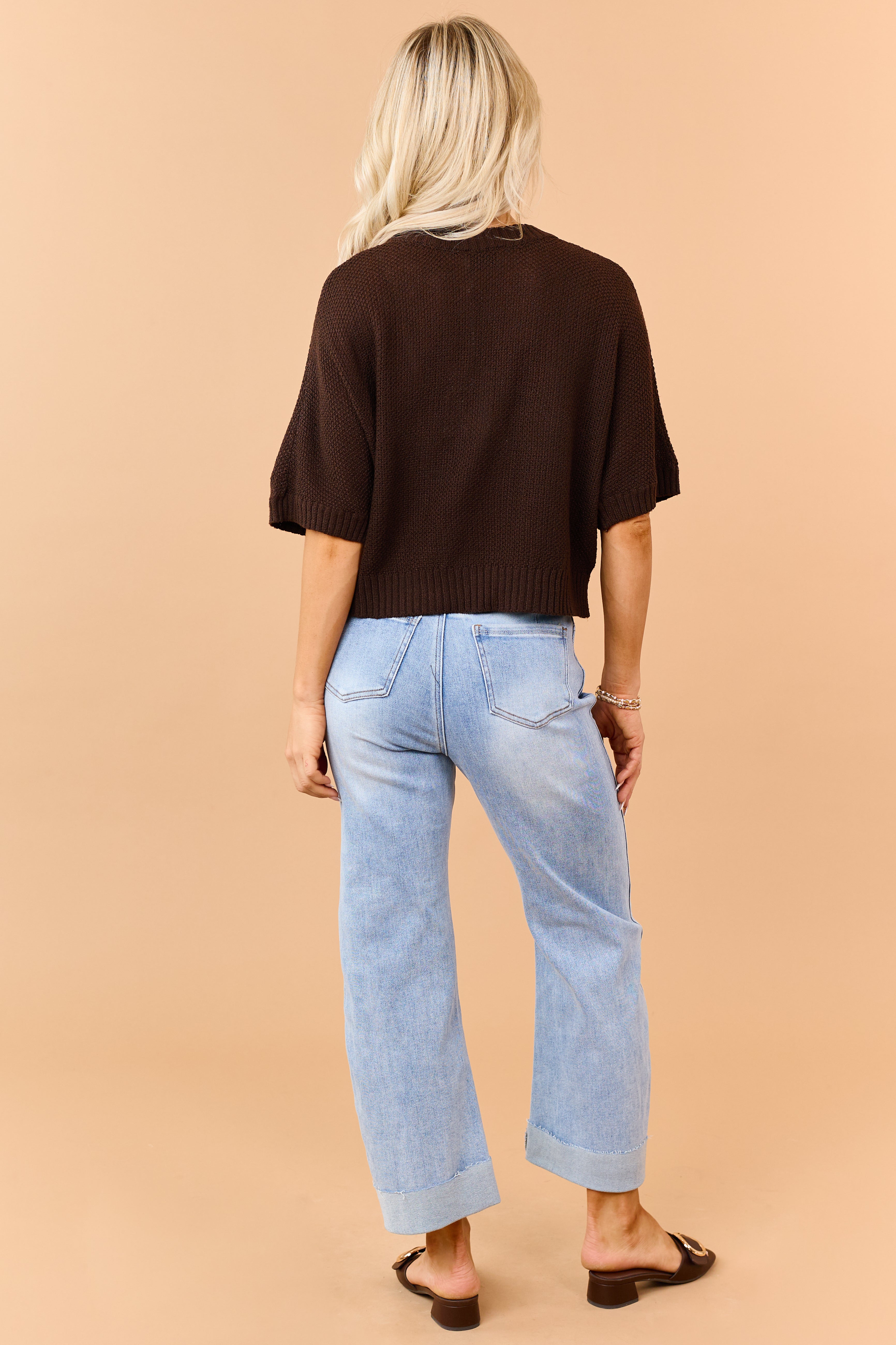 Cocoa Waffle Knit Short Sleeve Sweater
