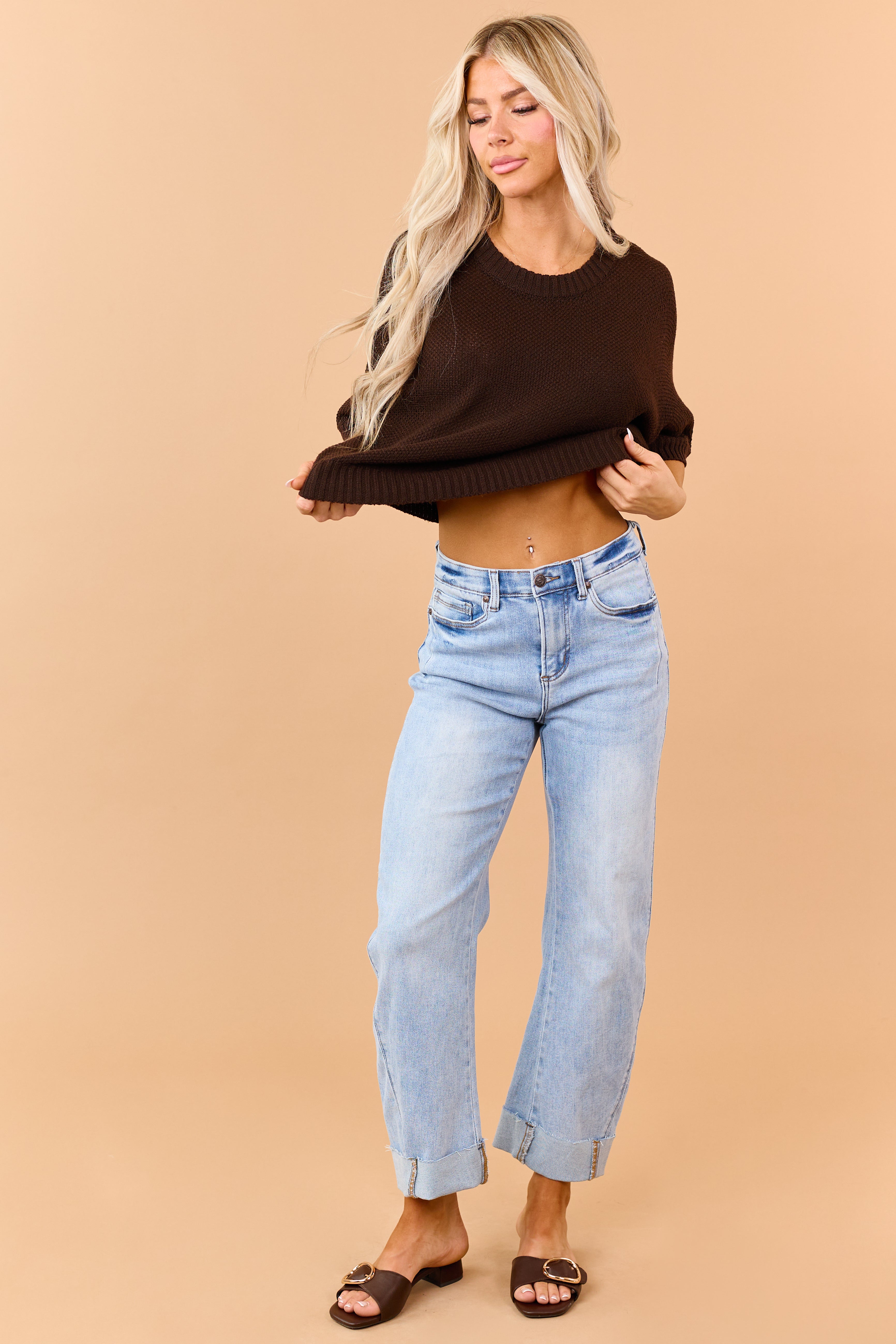 Cocoa Waffle Knit Short Sleeve Sweater