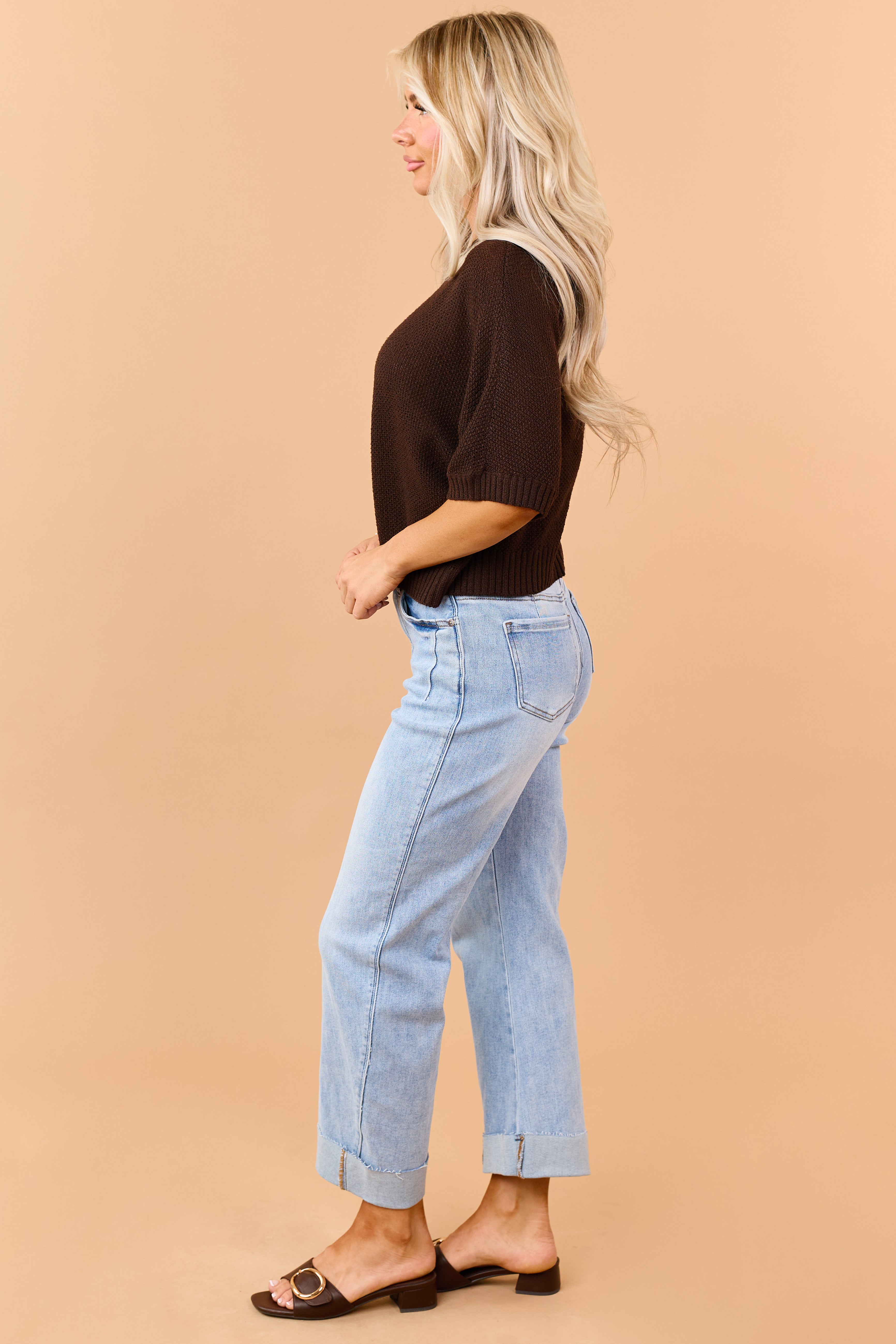 Cocoa Waffle Knit Short Sleeve Sweater