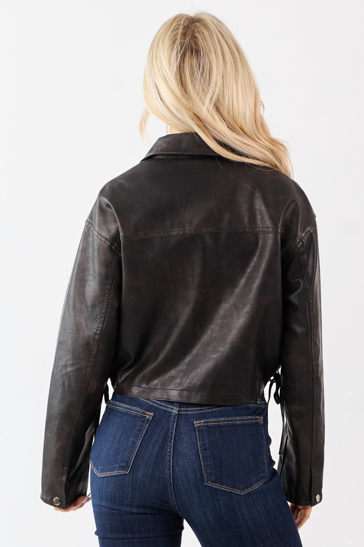Cocoa Washed Faux Leather Zip Up Boxy Moto Jacket