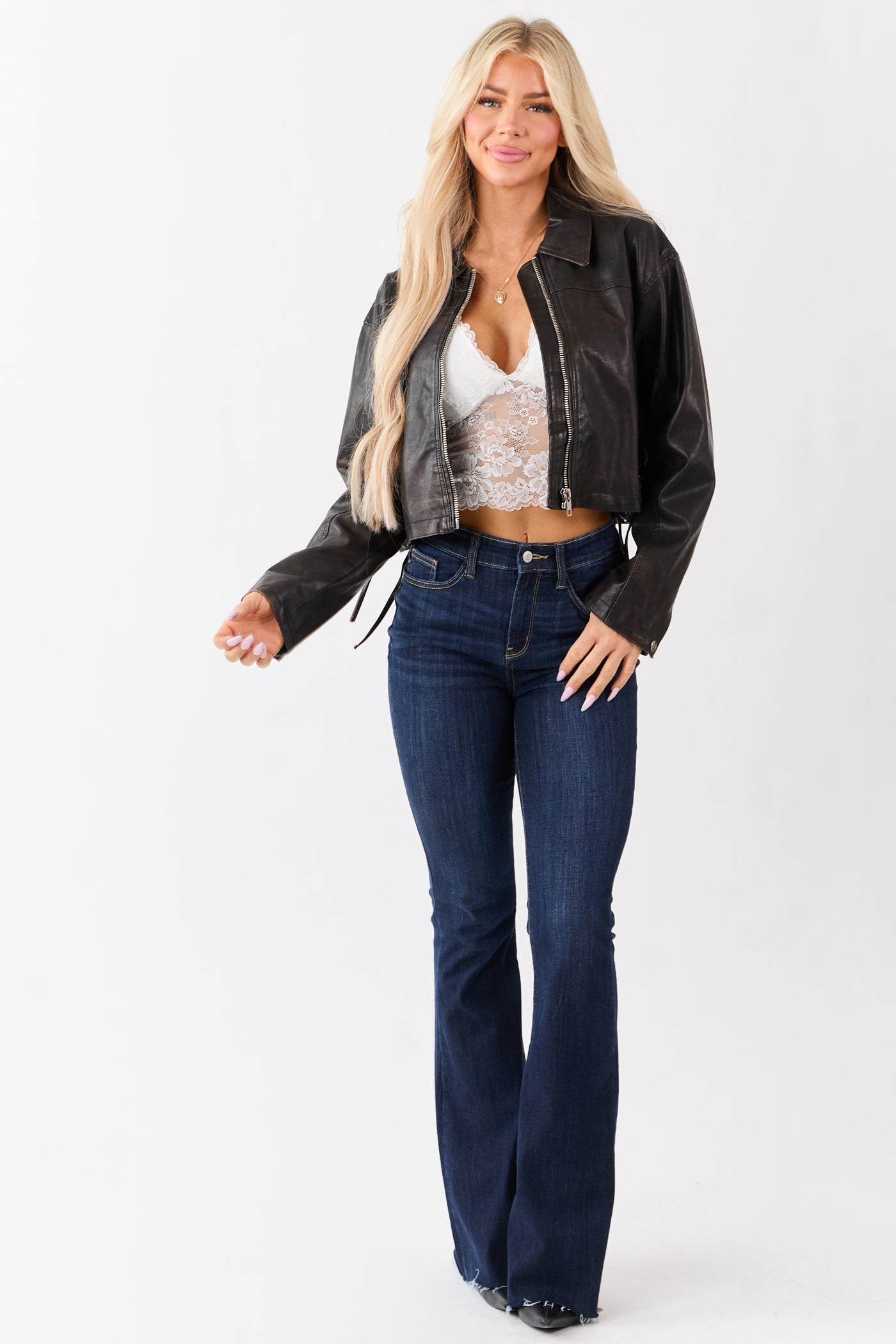 Cocoa Washed Faux Leather Zip Up Boxy Moto Jacket
