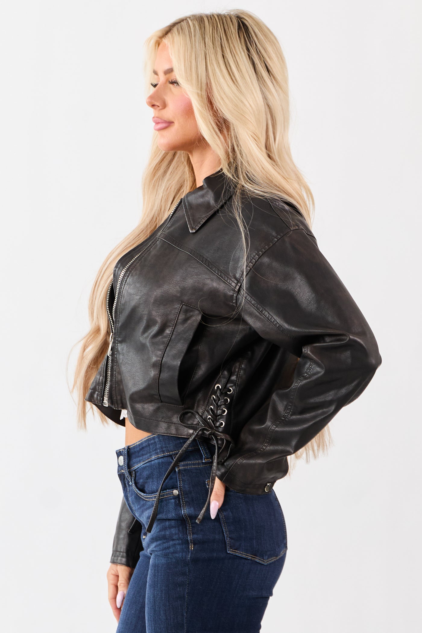 Cocoa Washed Faux Leather Zip Up Boxy Moto Jacket