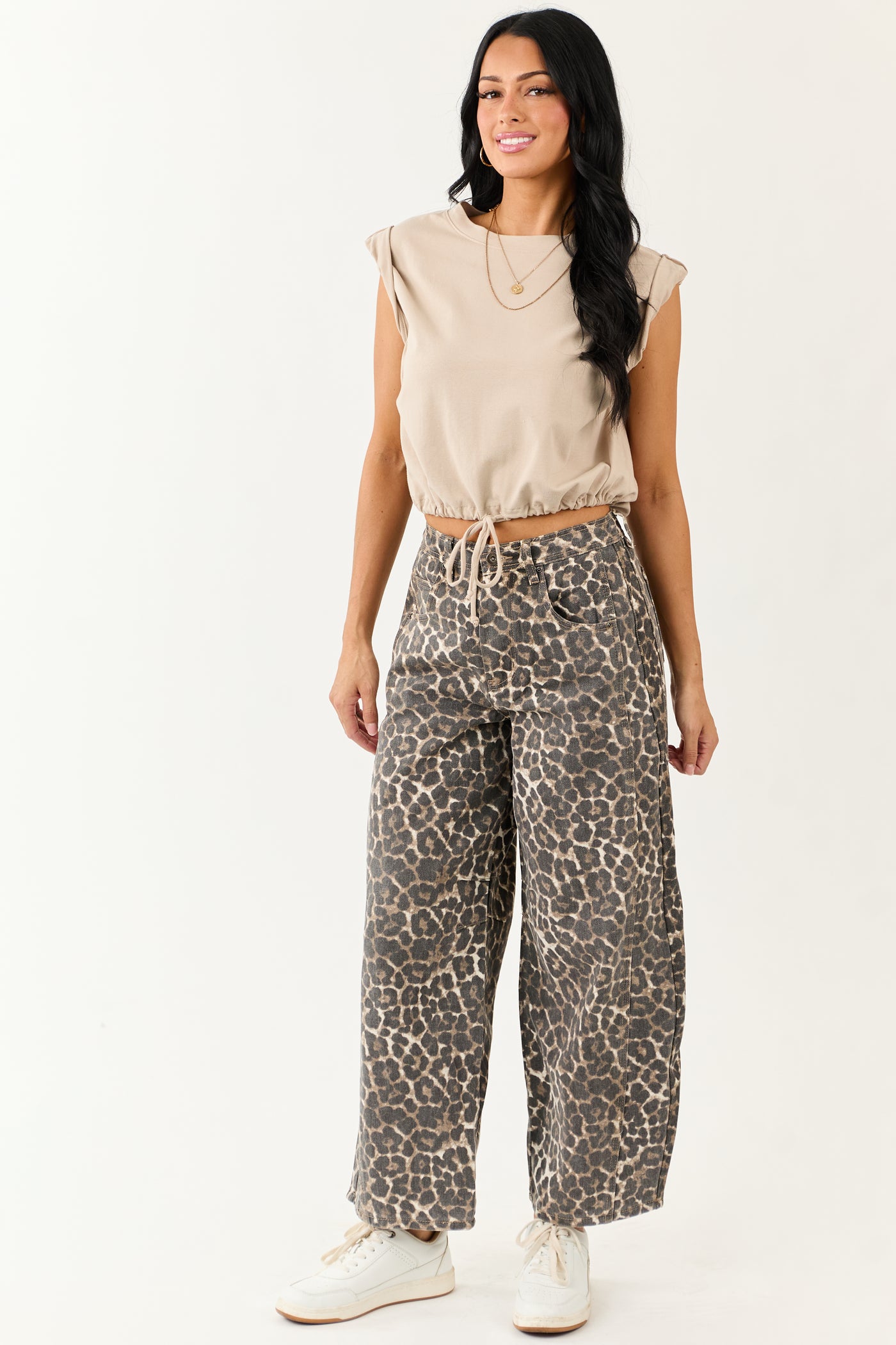 Cocoa Washed Leopard Print Barrel Jeans