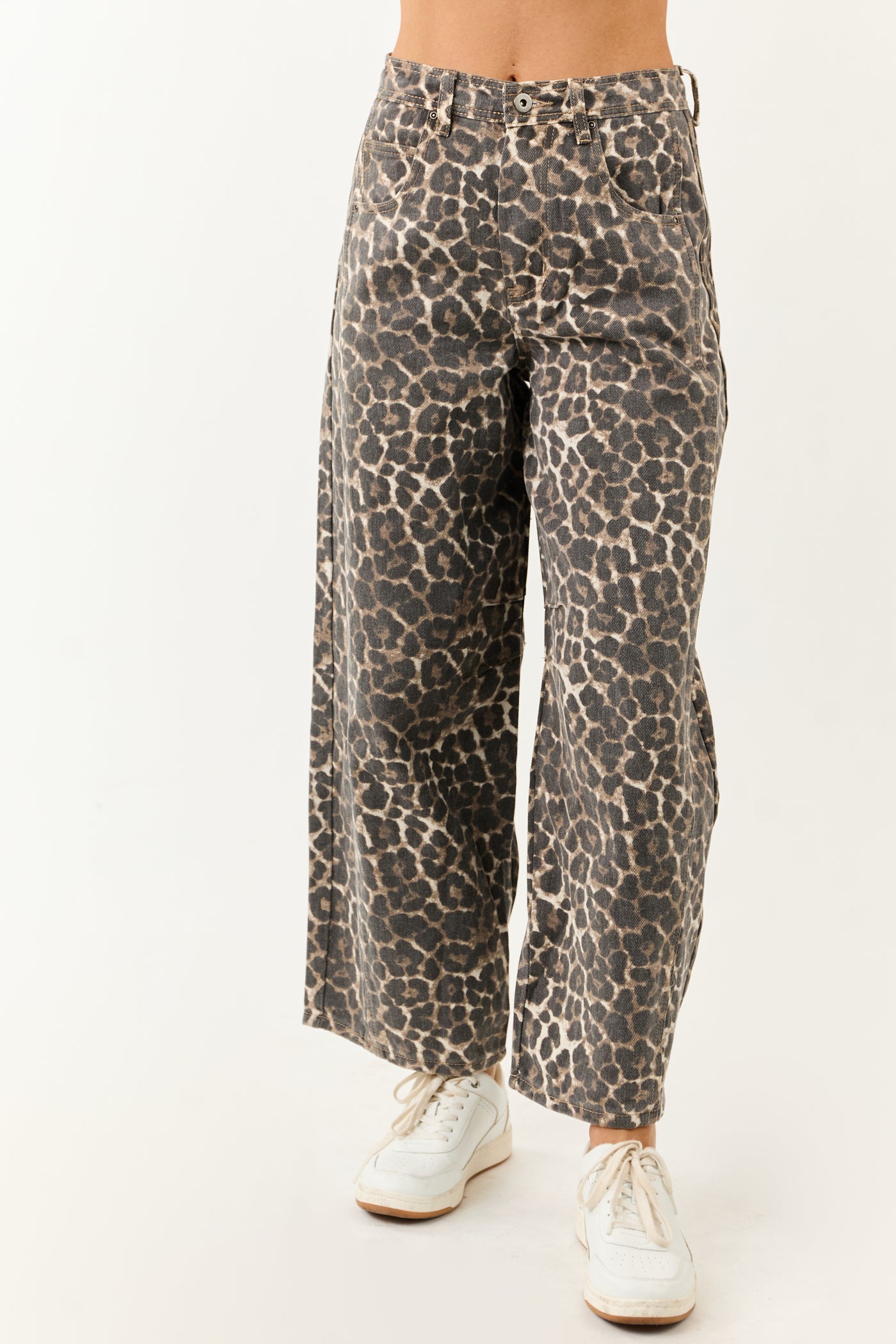 Cocoa Washed Leopard Print Barrel Jeans