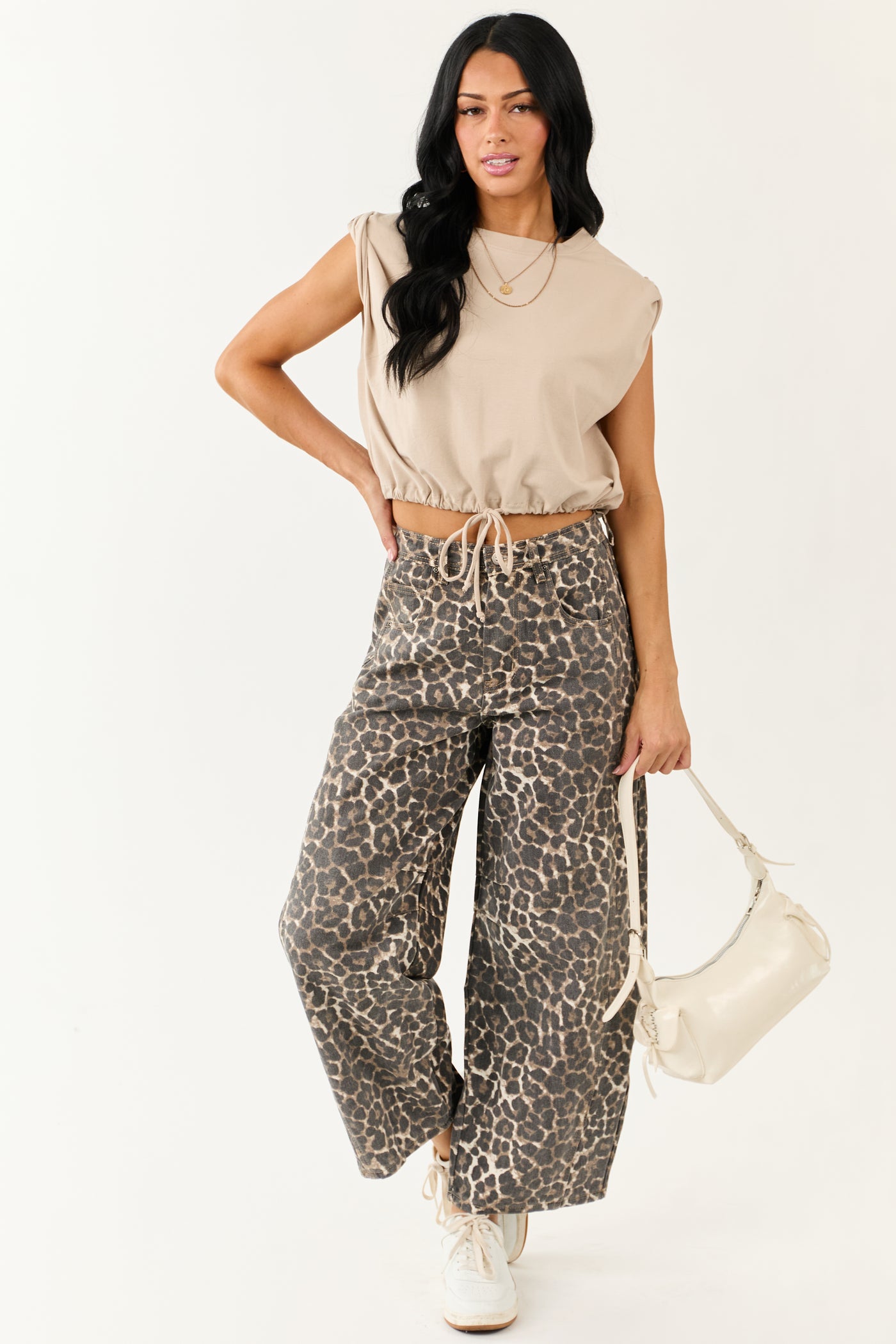 Cocoa Washed Leopard Print Barrel Jeans