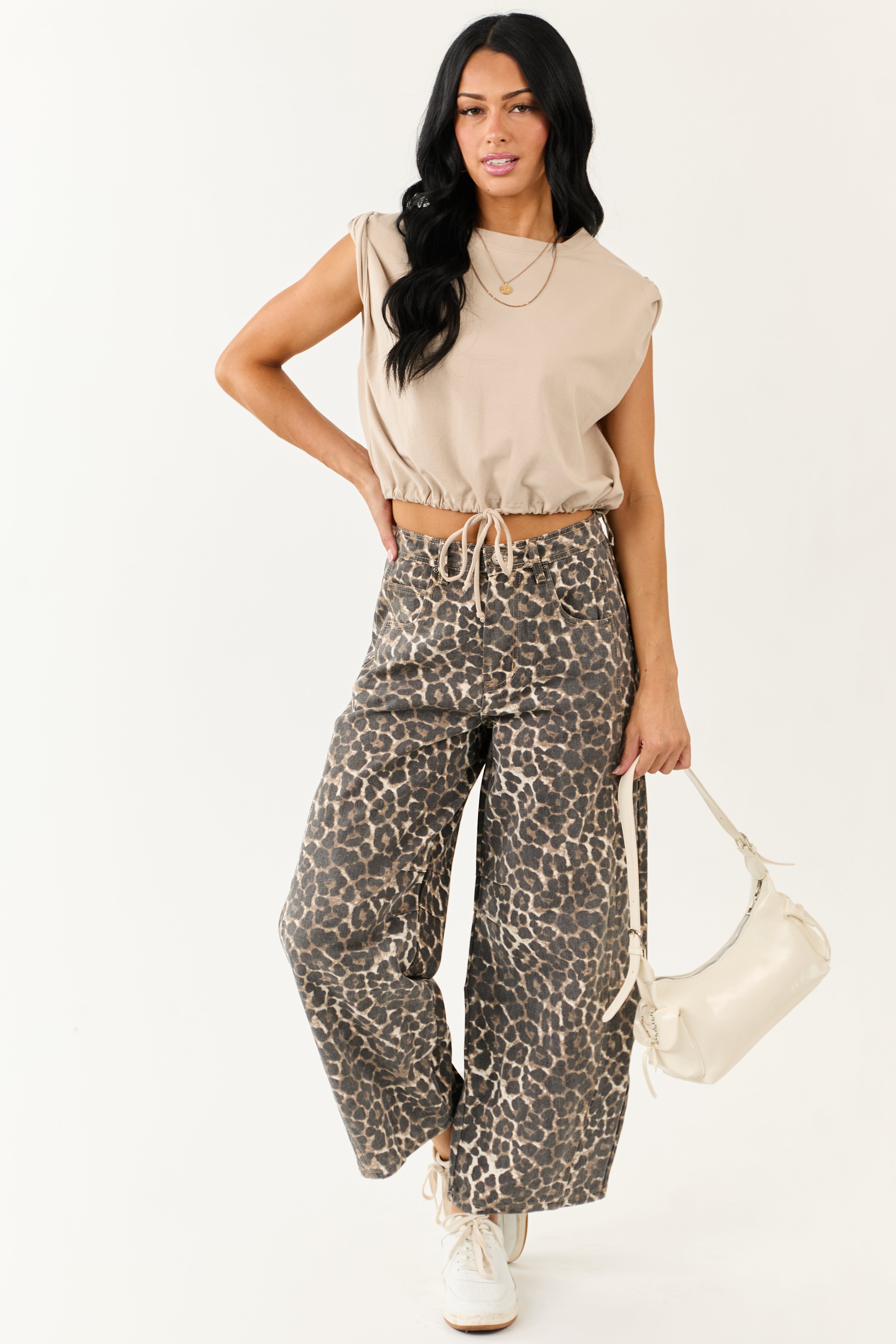 Cocoa Washed Leopard Print Barrel Jeans