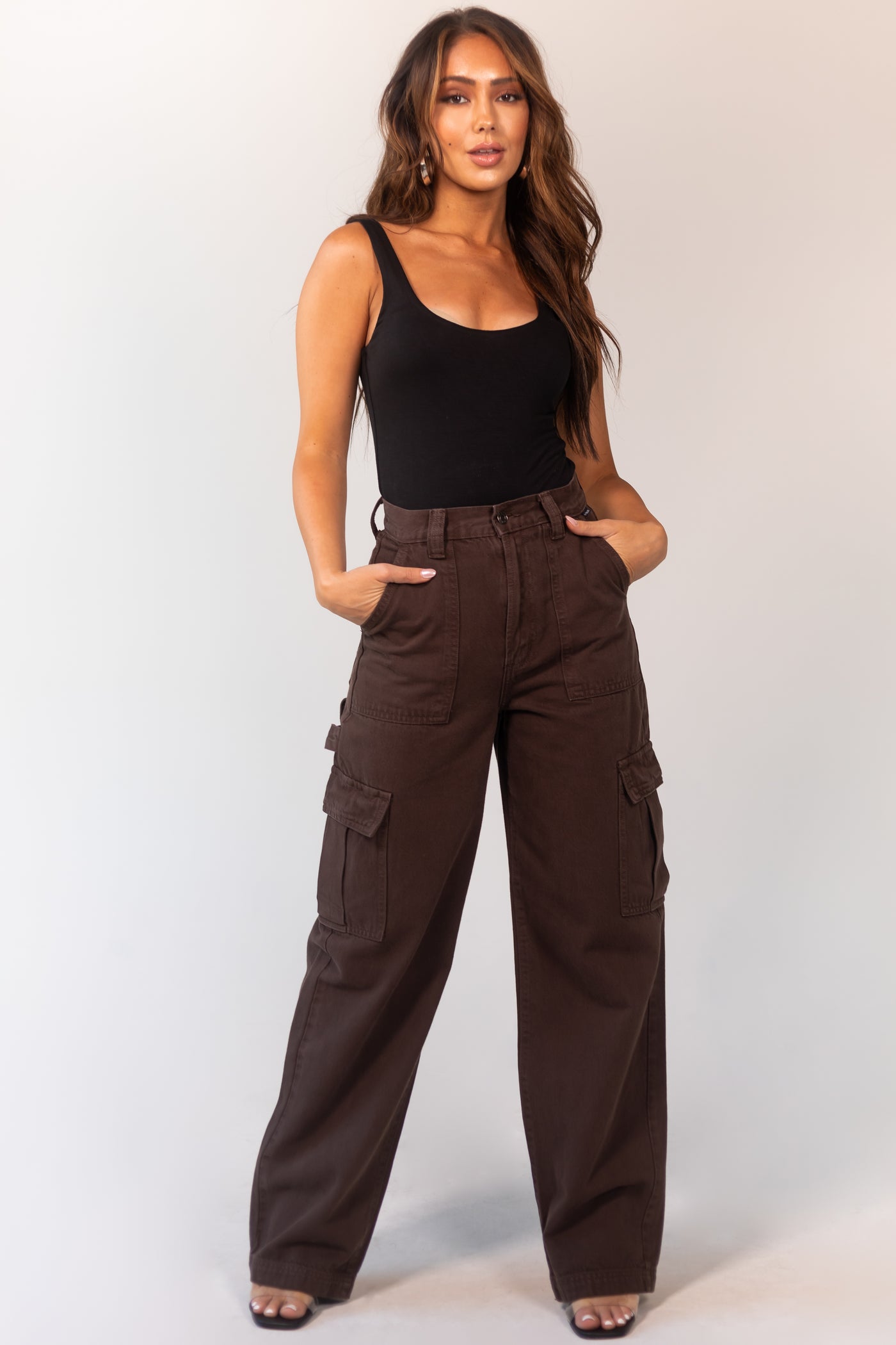 Cocoa Wide Leg Carpenter Jeans with Cargo Pockets