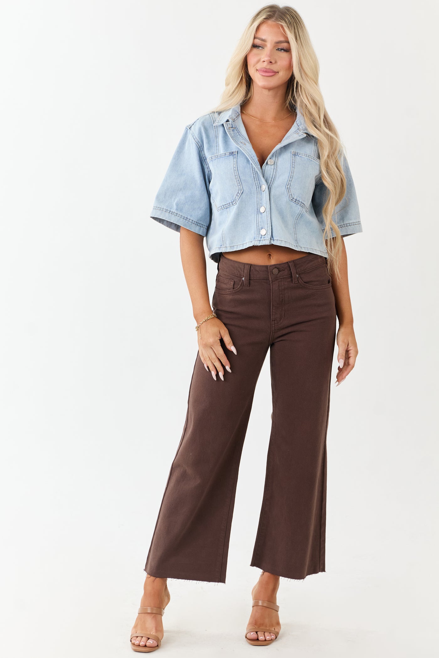 Cocoa Wide Leg Raw Hem High Rise Cropped Jeans