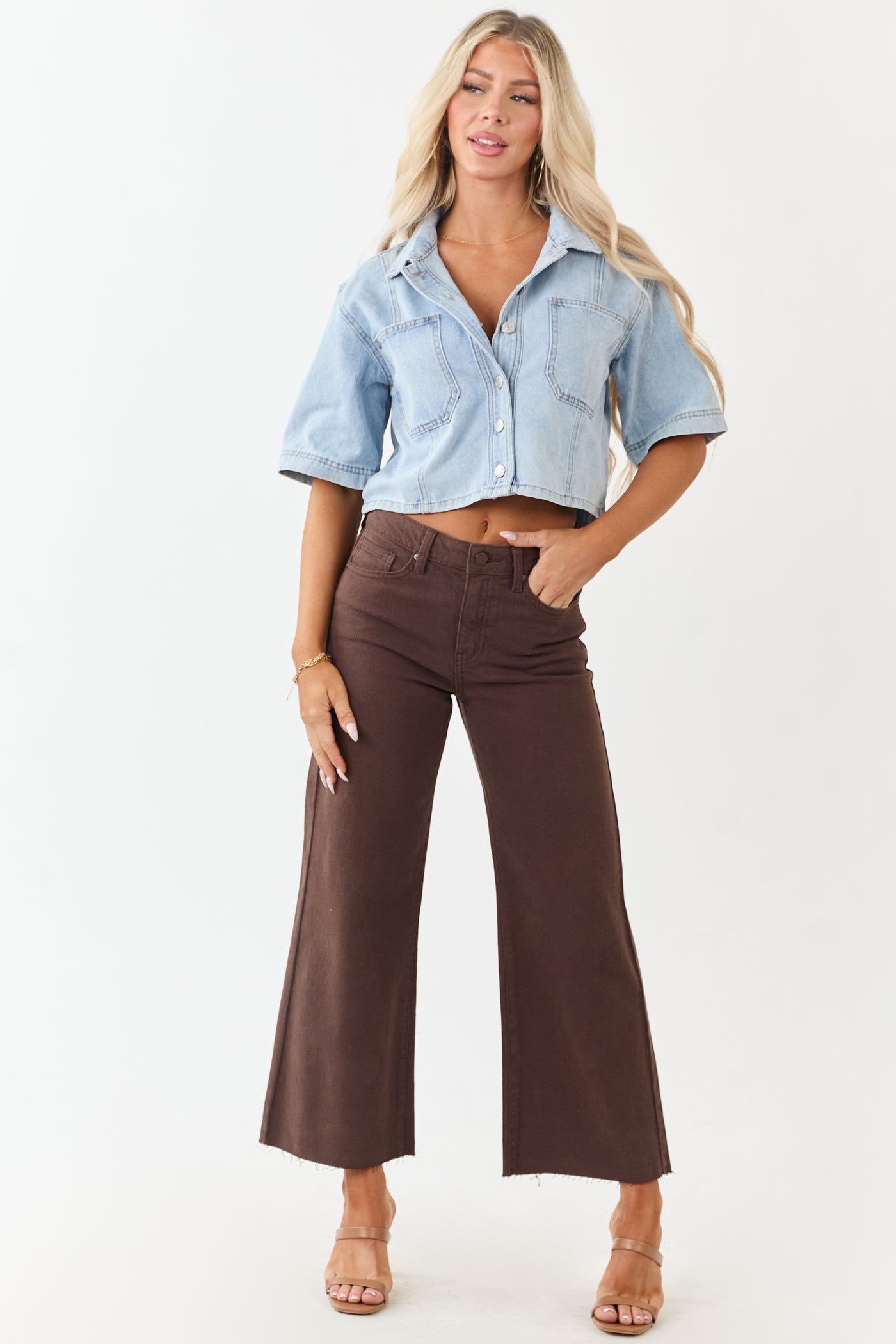 Cocoa Wide Leg Raw Hem High Rise Cropped Jeans