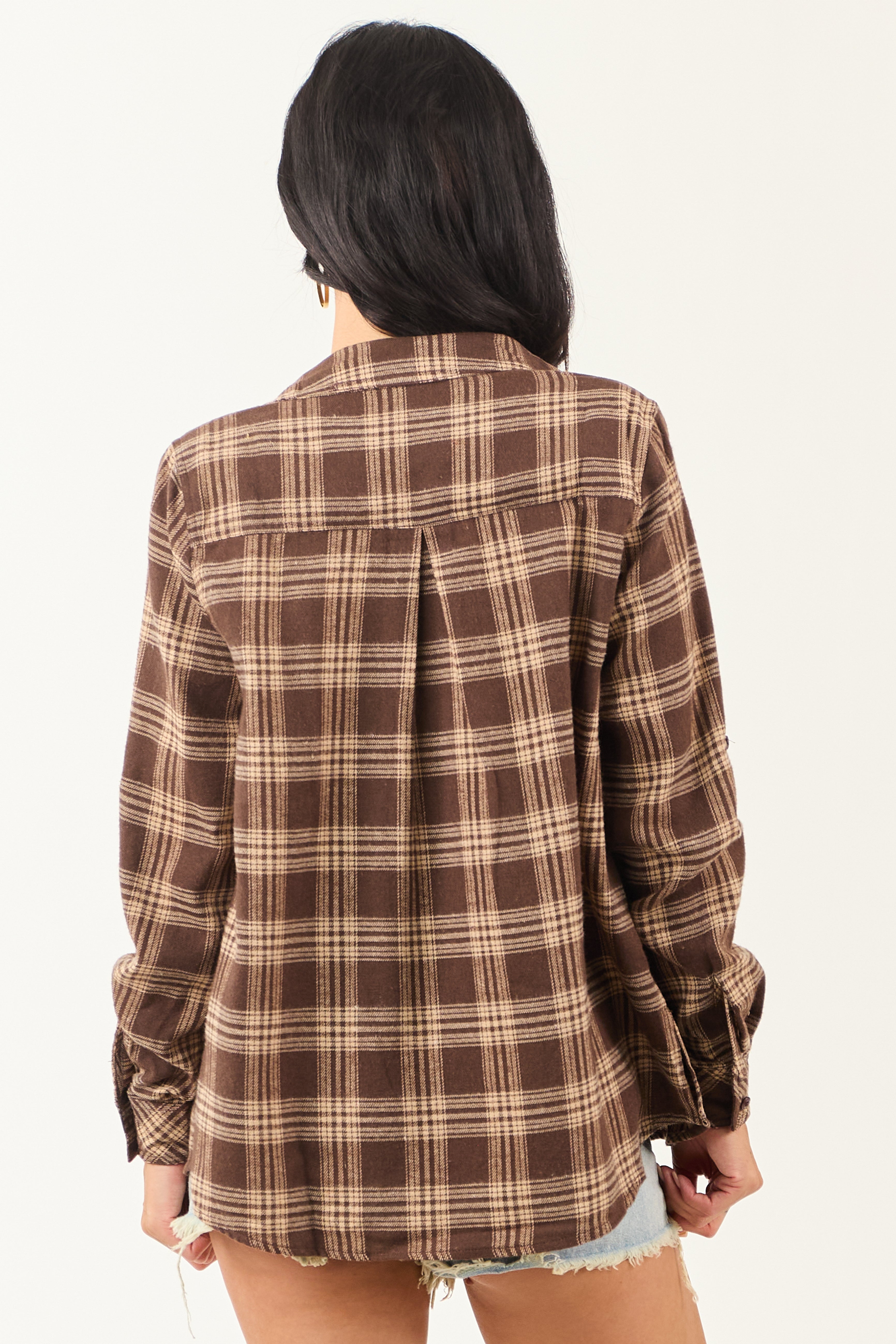 Cocoa and Camel Collared Flannel Long Sleeve Top