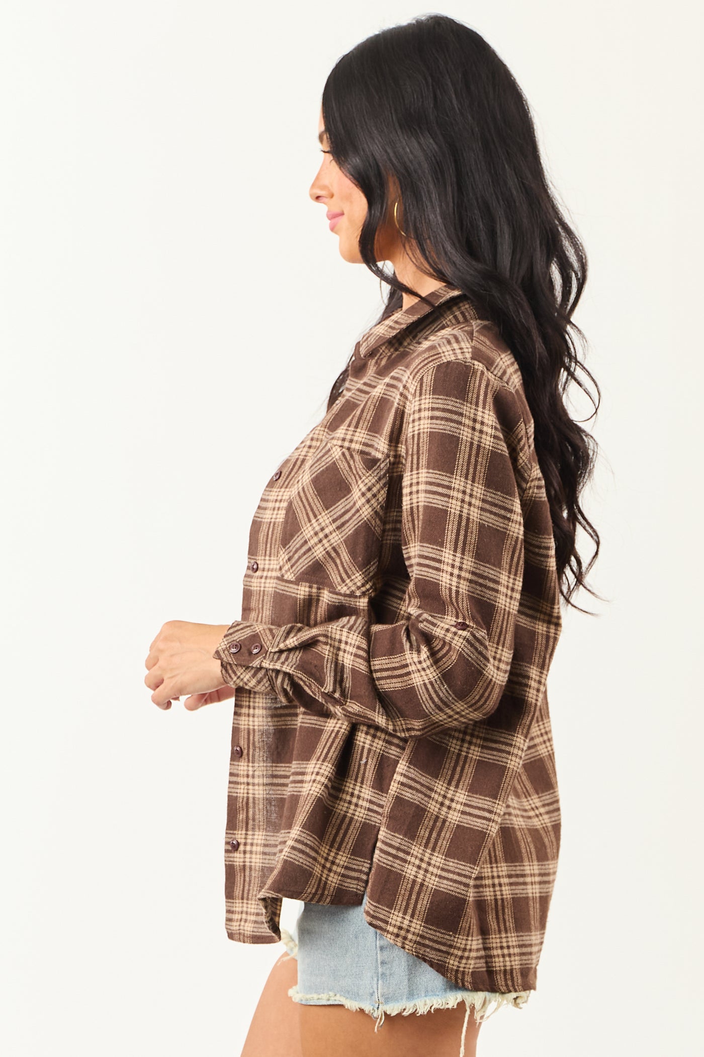 Cocoa and Camel Collared Flannel Long Sleeve Top