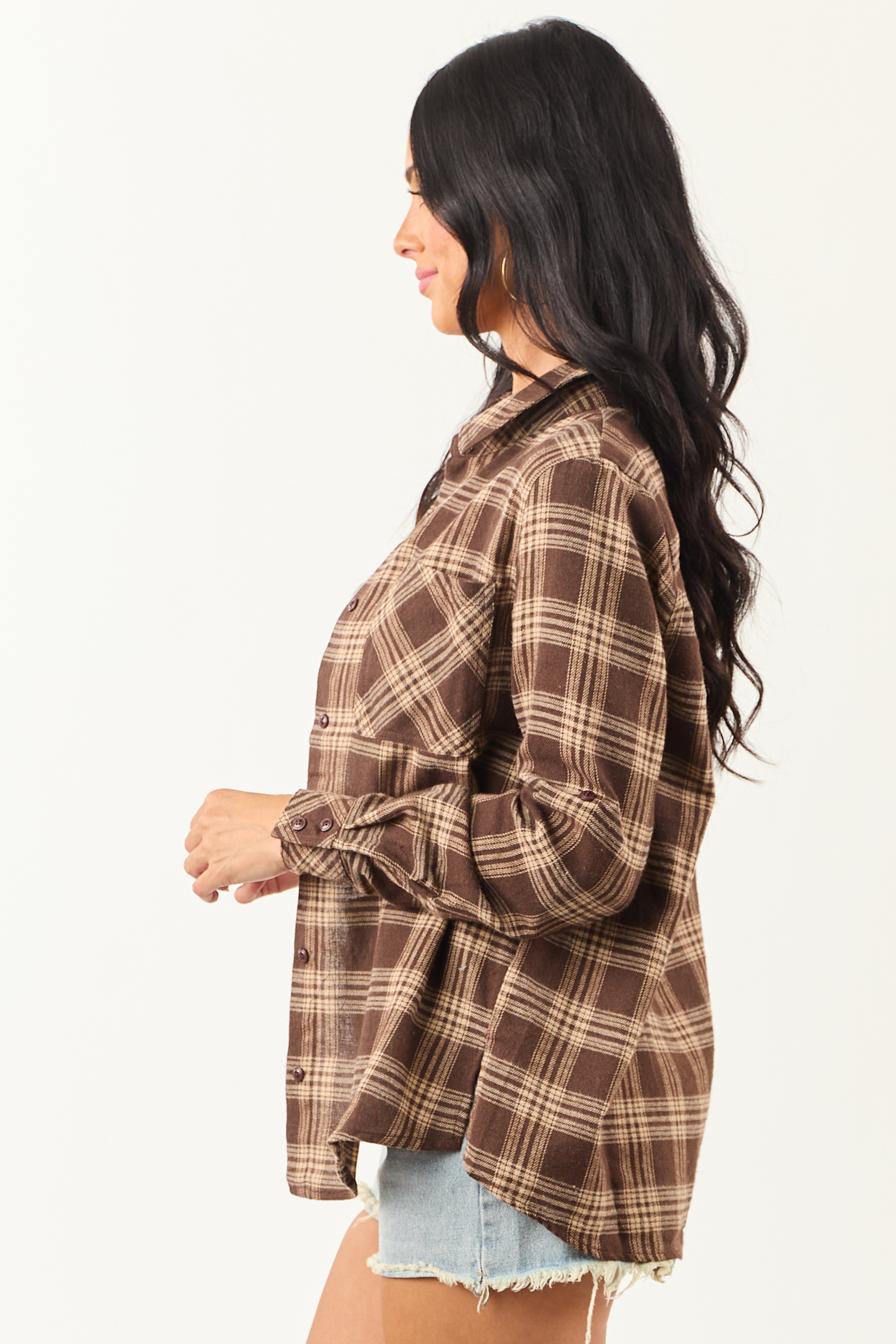 Cocoa and Camel Collared Flannel Long Sleeve Top