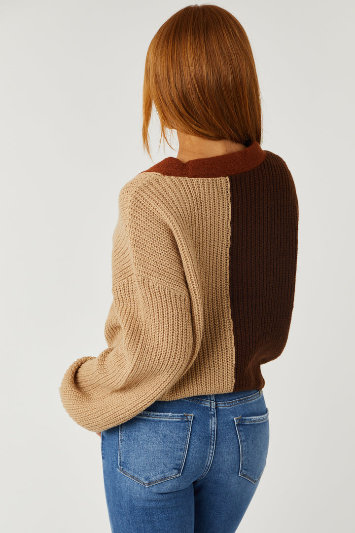 Cocoa and Camel Colorblock Button Up Cardigan