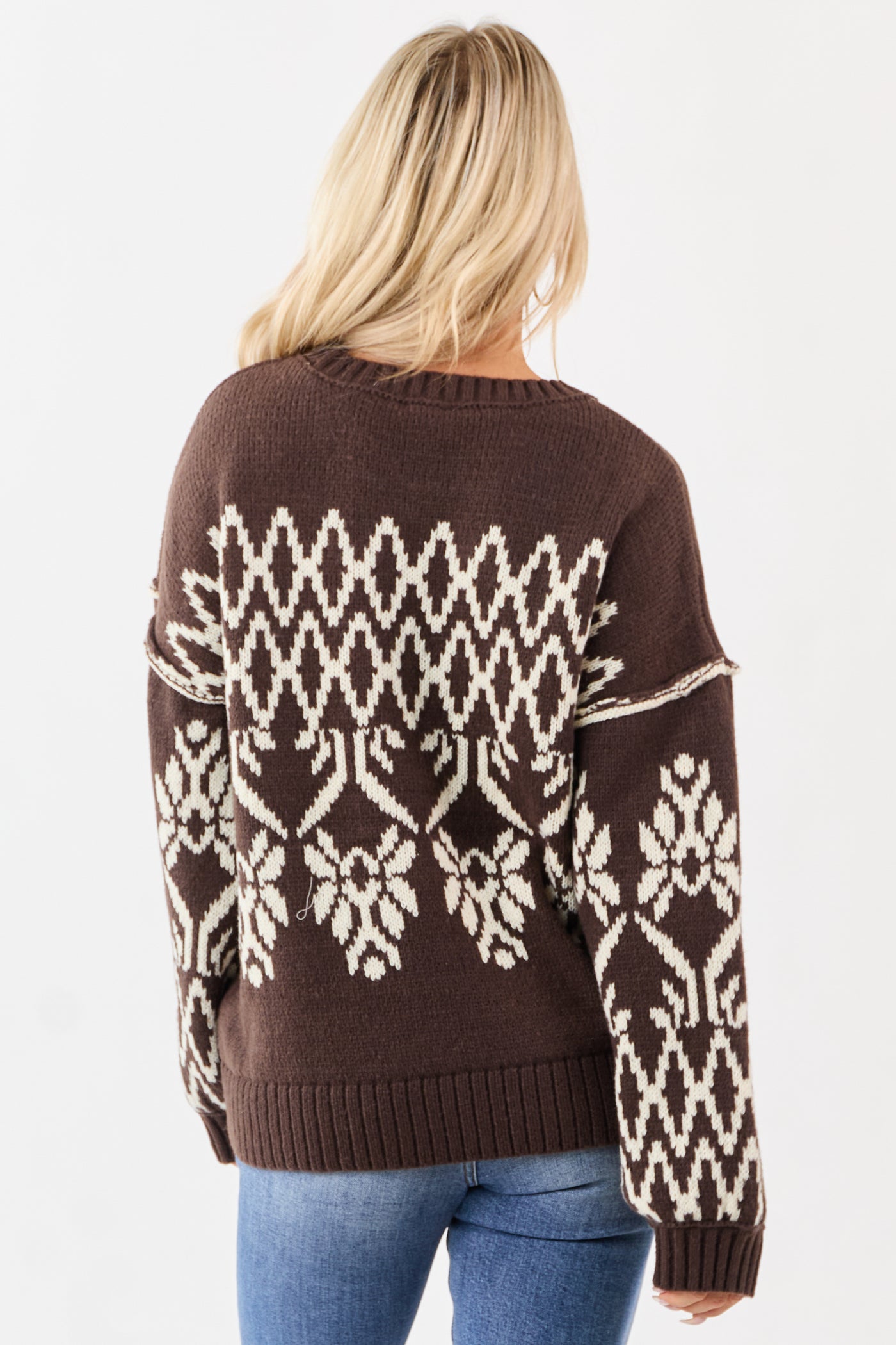Cocoa and Cream Fair Isle Pattern Relaxed Sweater