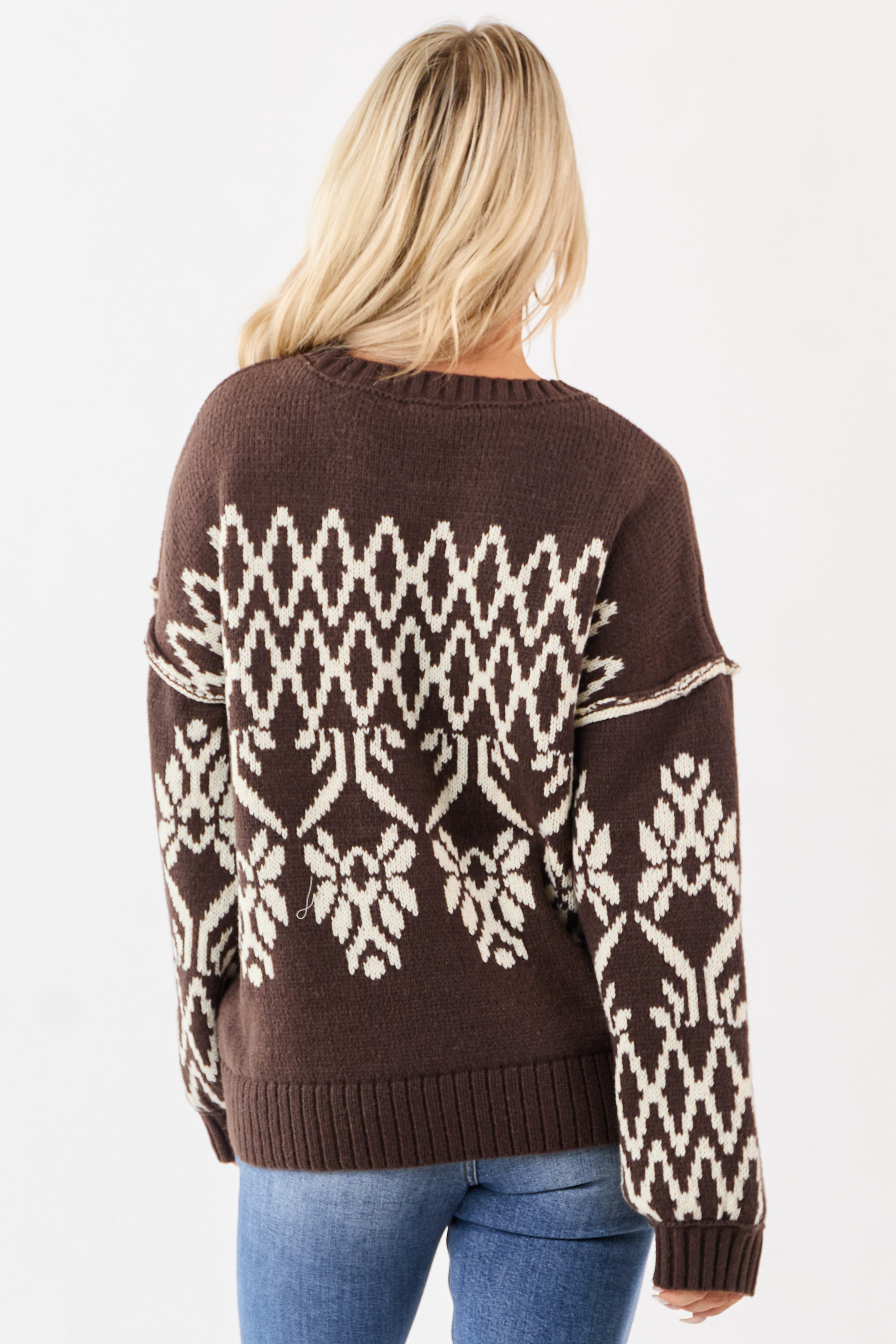 Cocoa and Cream Fair Isle Pattern Relaxed Sweater