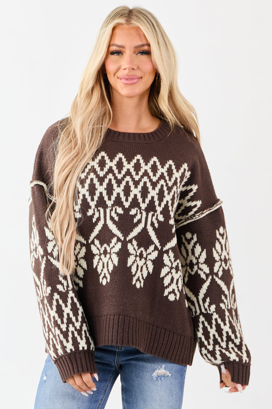 Cocoa and Cream Fair Isle Pattern Relaxed Sweater