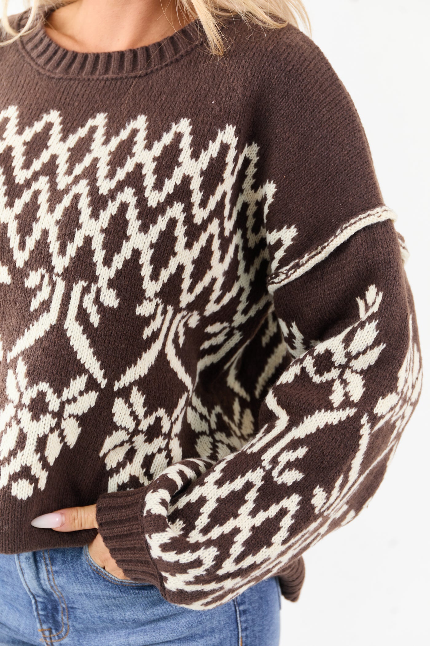 Cocoa and Cream Fair Isle Pattern Relaxed Sweater