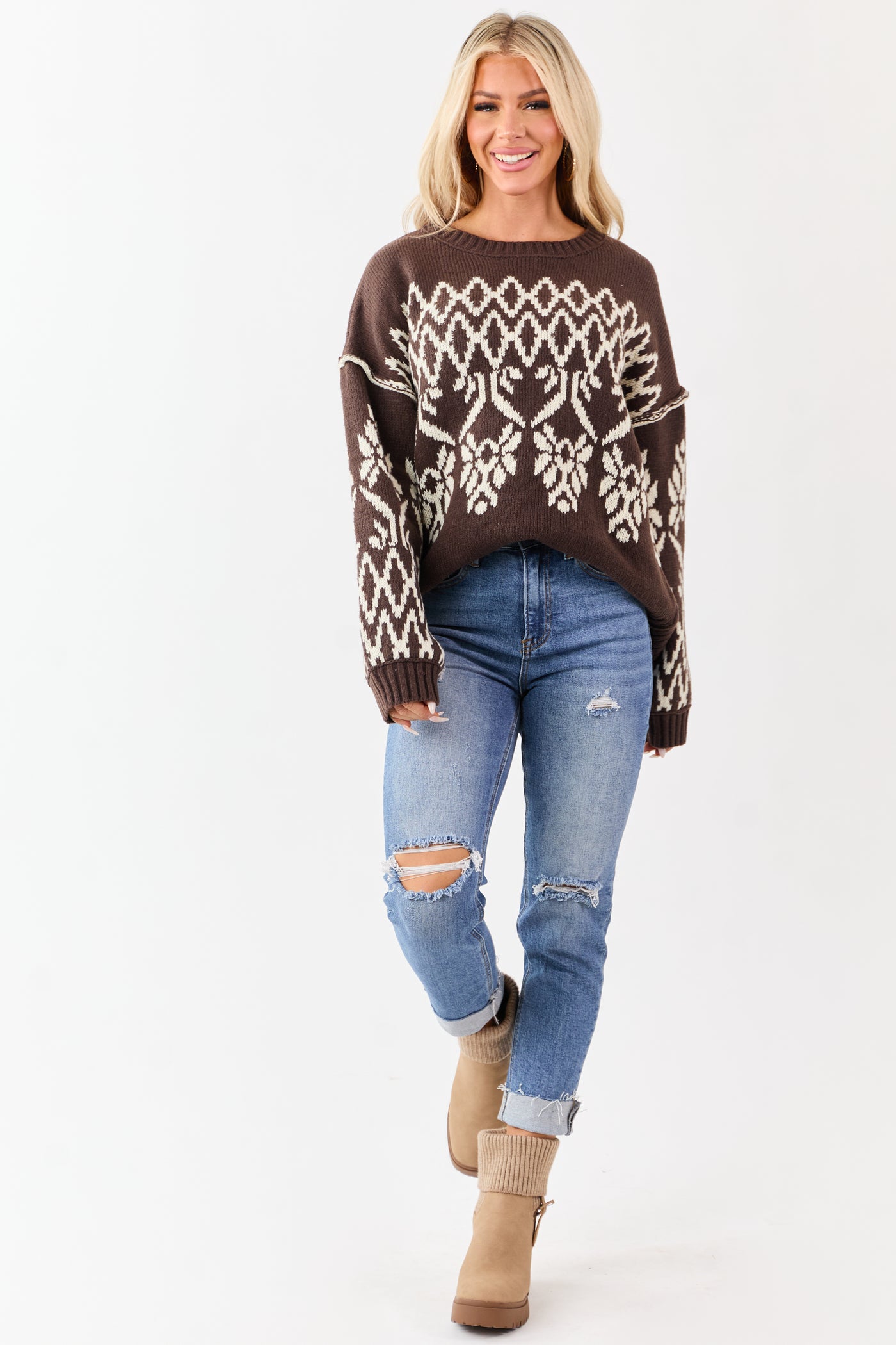 Cocoa and Cream Fair Isle Pattern Relaxed Sweater