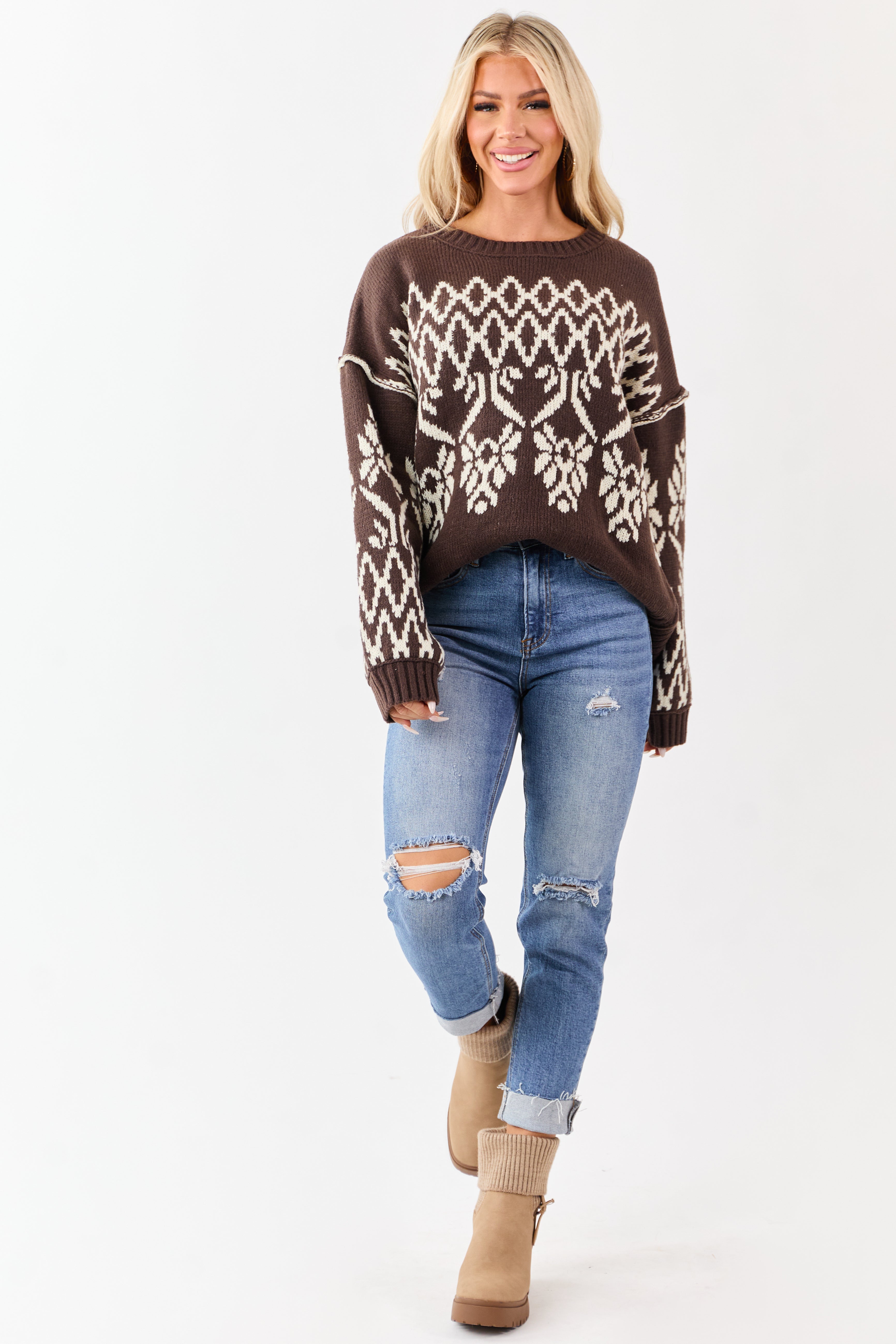 Cocoa and Cream Fair Isle Pattern Relaxed Sweater