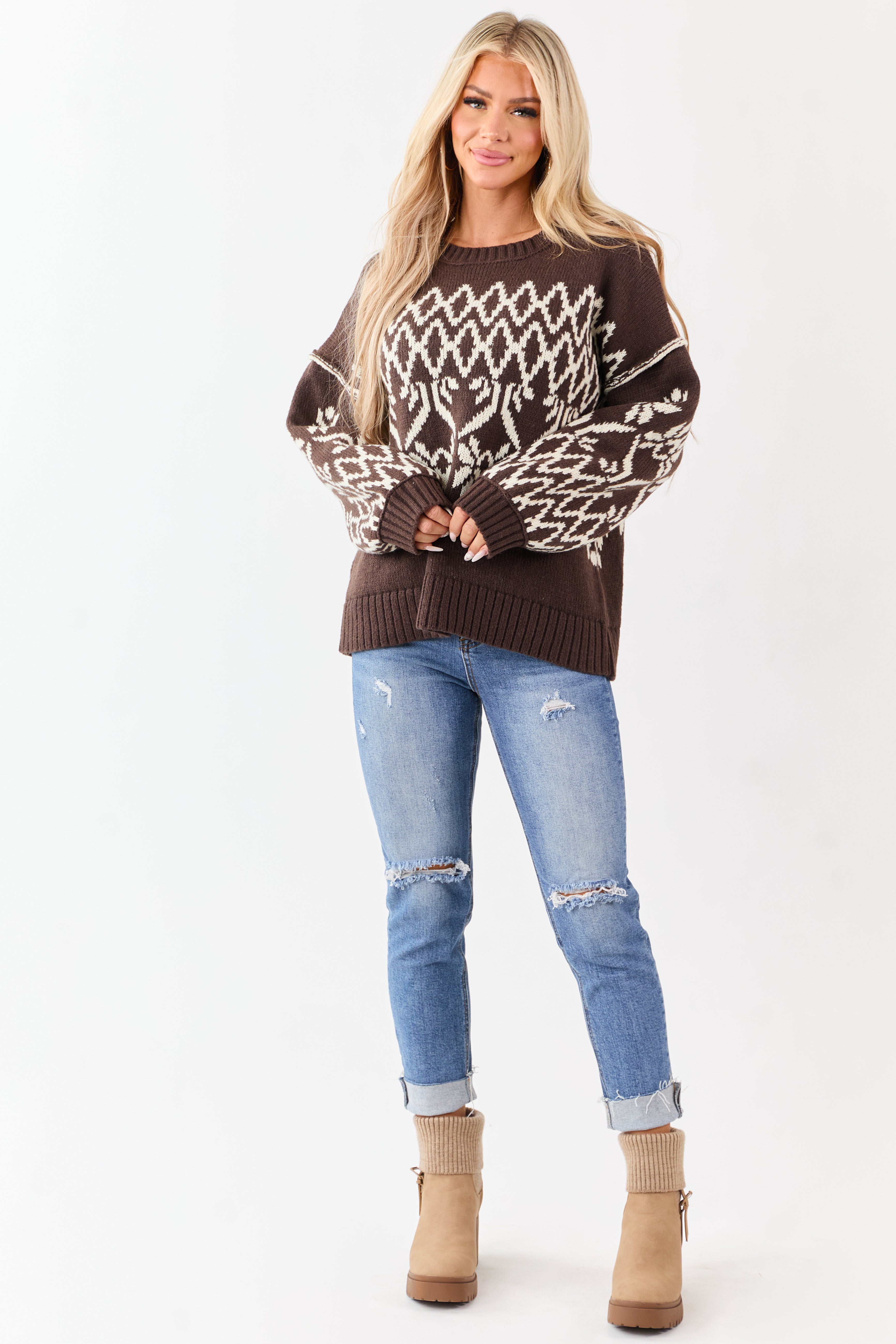 Cocoa and Cream Fair Isle Pattern Relaxed Sweater