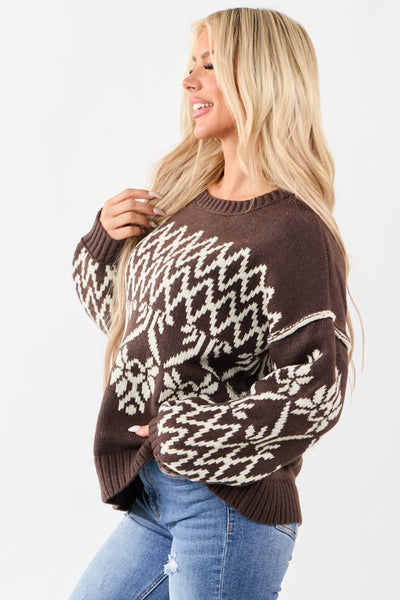 Cocoa and Cream Fair Isle Pattern Relaxed Sweater